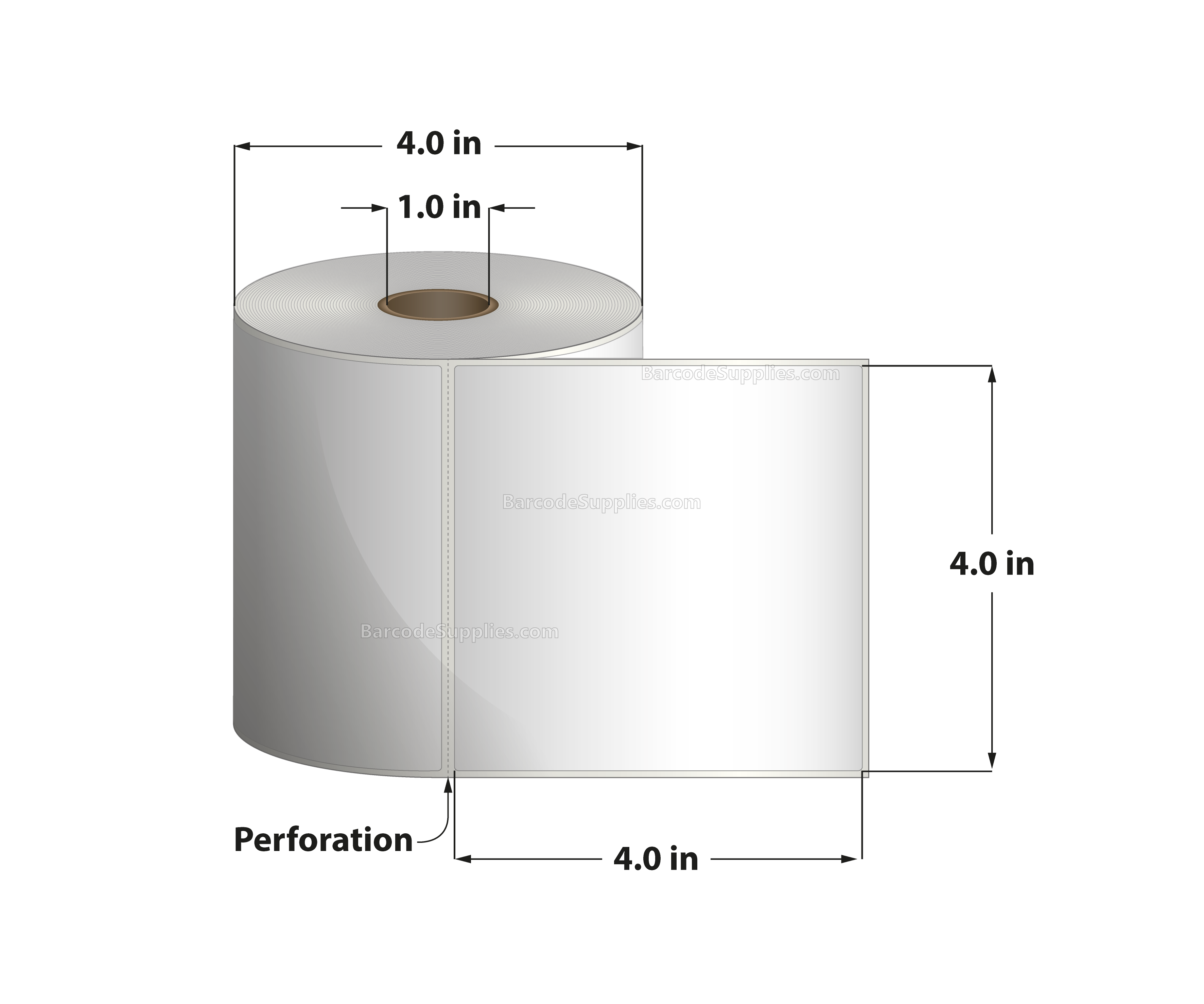 4 x 4 Thermal Transfer White Labels With Permanent Adhesive - Perforated - 380 Labels Per Roll - Carton Of 12 Rolls - 4560 Labels Total - MPN: RT-4-4-380-1 - BarcodeSource, Inc.