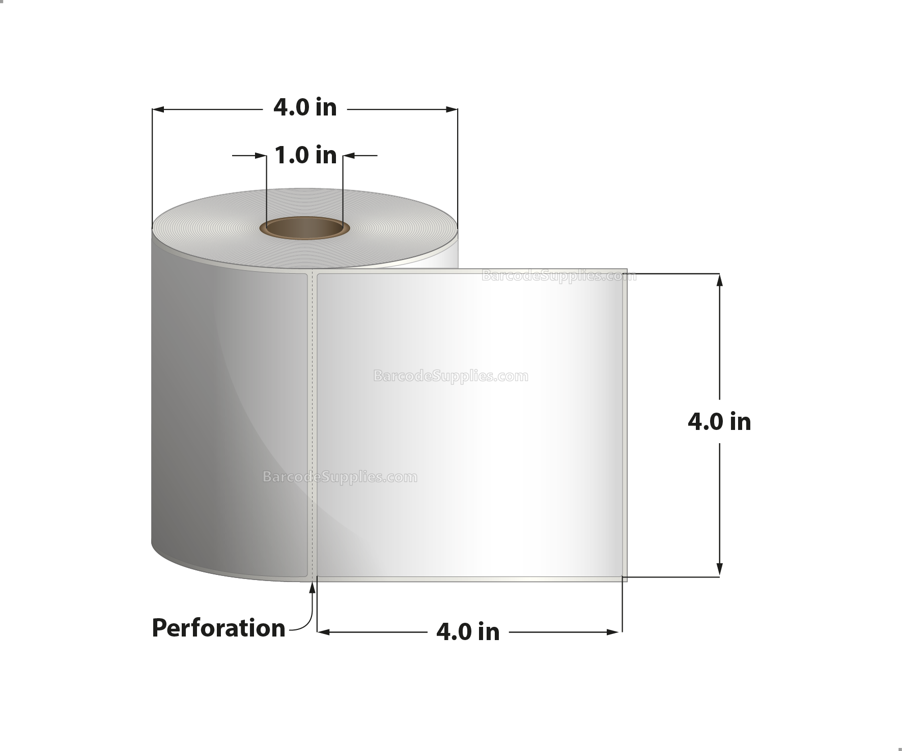 4 x 4 Thermal Transfer White Labels With Permanent Acrylic Adhesive - Perforated - 375 Labels Per Roll - Carton Of 4 Rolls - 1500 Labels Total - MPN: TH44-14PTT