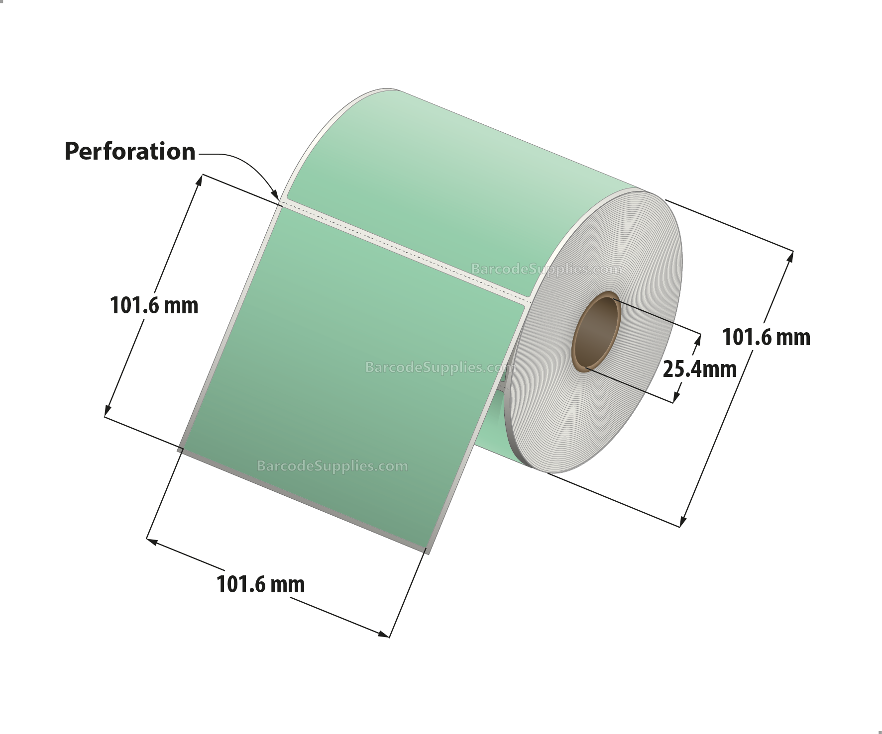 4 x 4 Direct Thermal Green Labels With Acrylic Adhesive - Perforated - 380 Labels Per Roll - Carton Of 12 Rolls - 4560 Labels Total - MPN: RD-4-4-380-GR