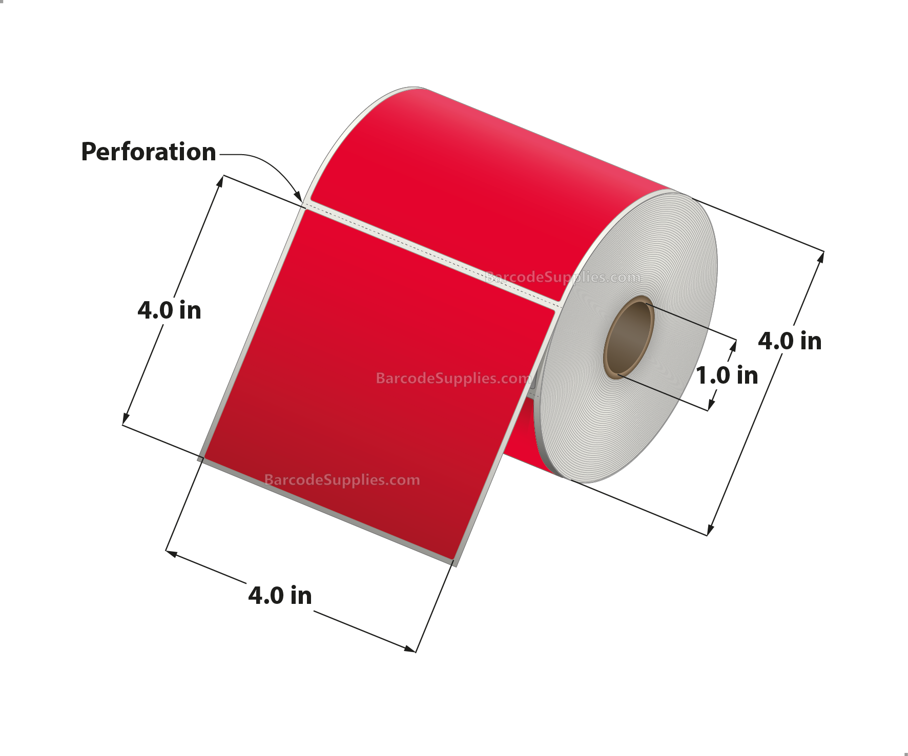 4 x 4 Direct Thermal Red Labels With Acrylic Adhesive - Perforated - 380 Labels Per Roll - Carton Of 12 Rolls - 4560 Labels Total - MPN: RD-4-4-380-RD