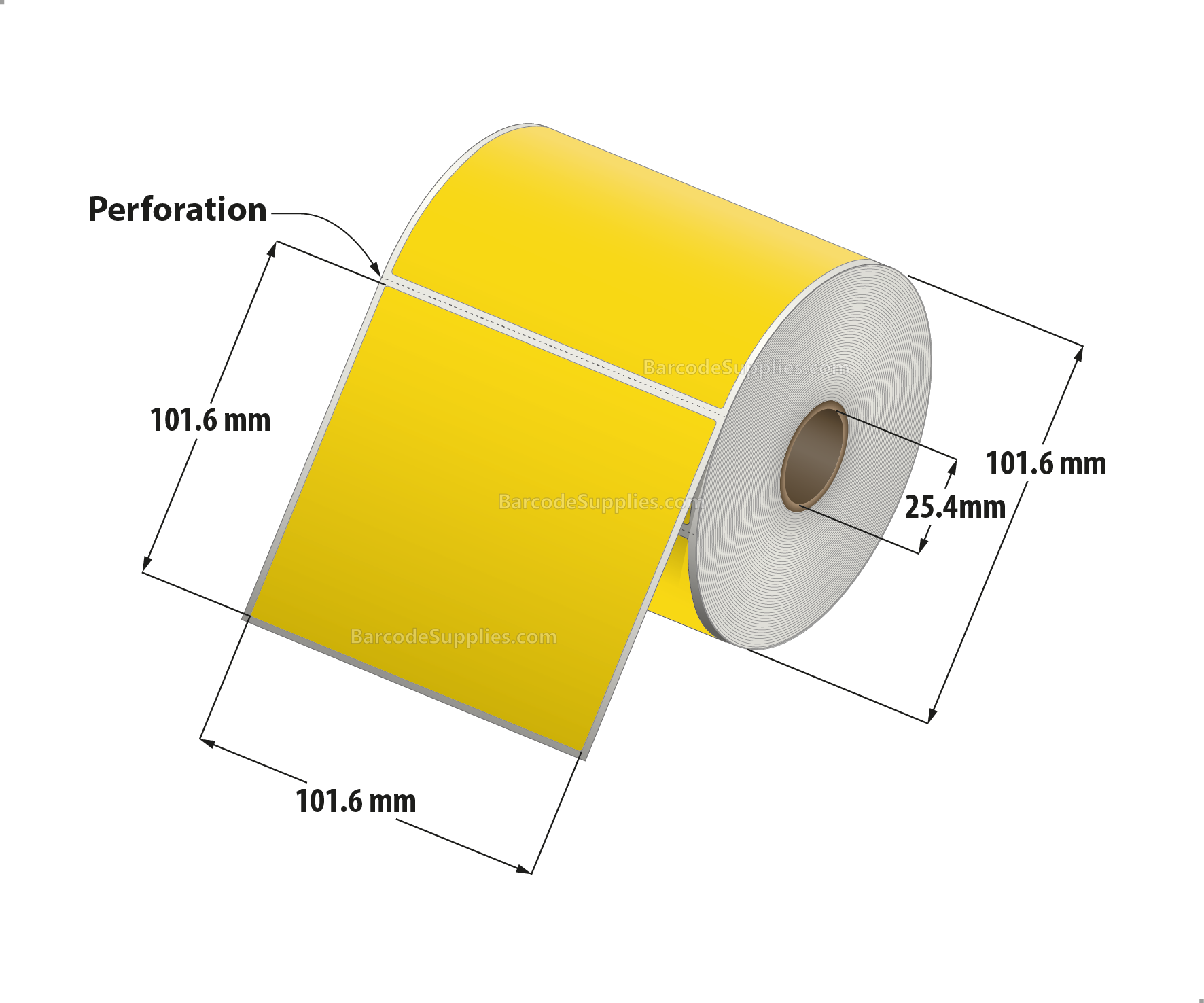 4 x 4 Direct Thermal Yellow Labels With Acrylic Adhesive - Perforated - 380 Labels Per Roll - Carton Of 12 Rolls - 4560 Labels Total - MPN: RD-4-4-380-YL