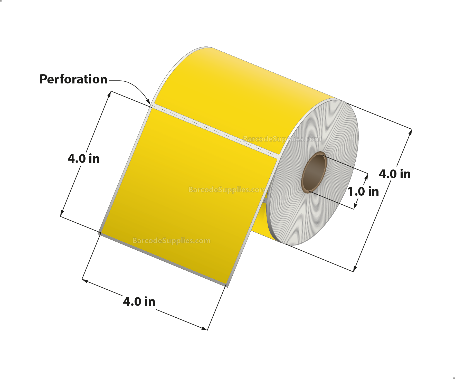 4 x 4 Direct Thermal Yellow Labels With Acrylic Adhesive - Perforated - 380 Labels Per Roll - Carton Of 12 Rolls - 4560 Labels Total - MPN: RD-4-4-380-YL
