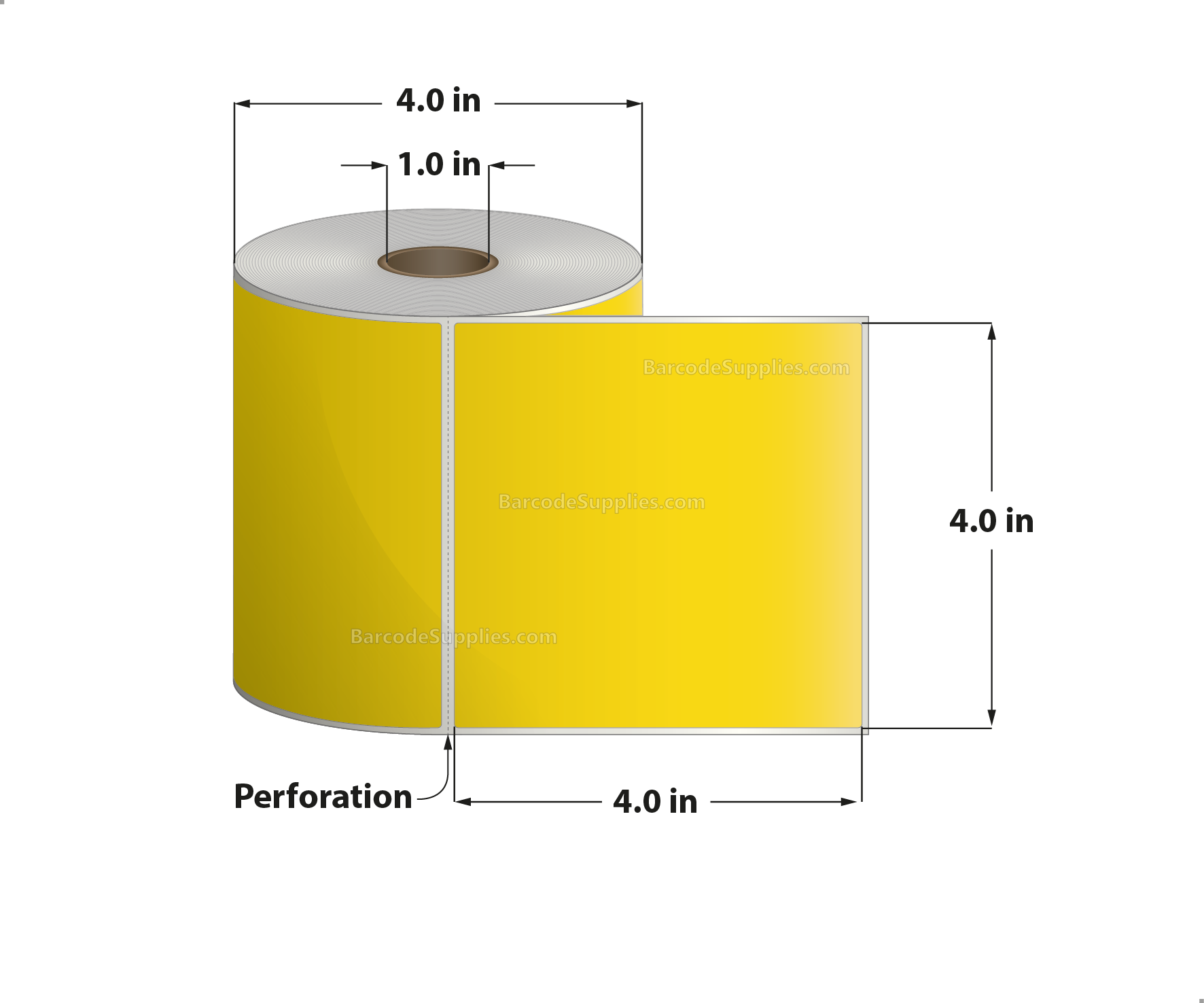 4 x 4 Direct Thermal Yellow Labels With Acrylic Adhesive - Perforated - 380 Labels Per Roll - Carton Of 12 Rolls - 4560 Labels Total - MPN: RD-4-4-380-YL