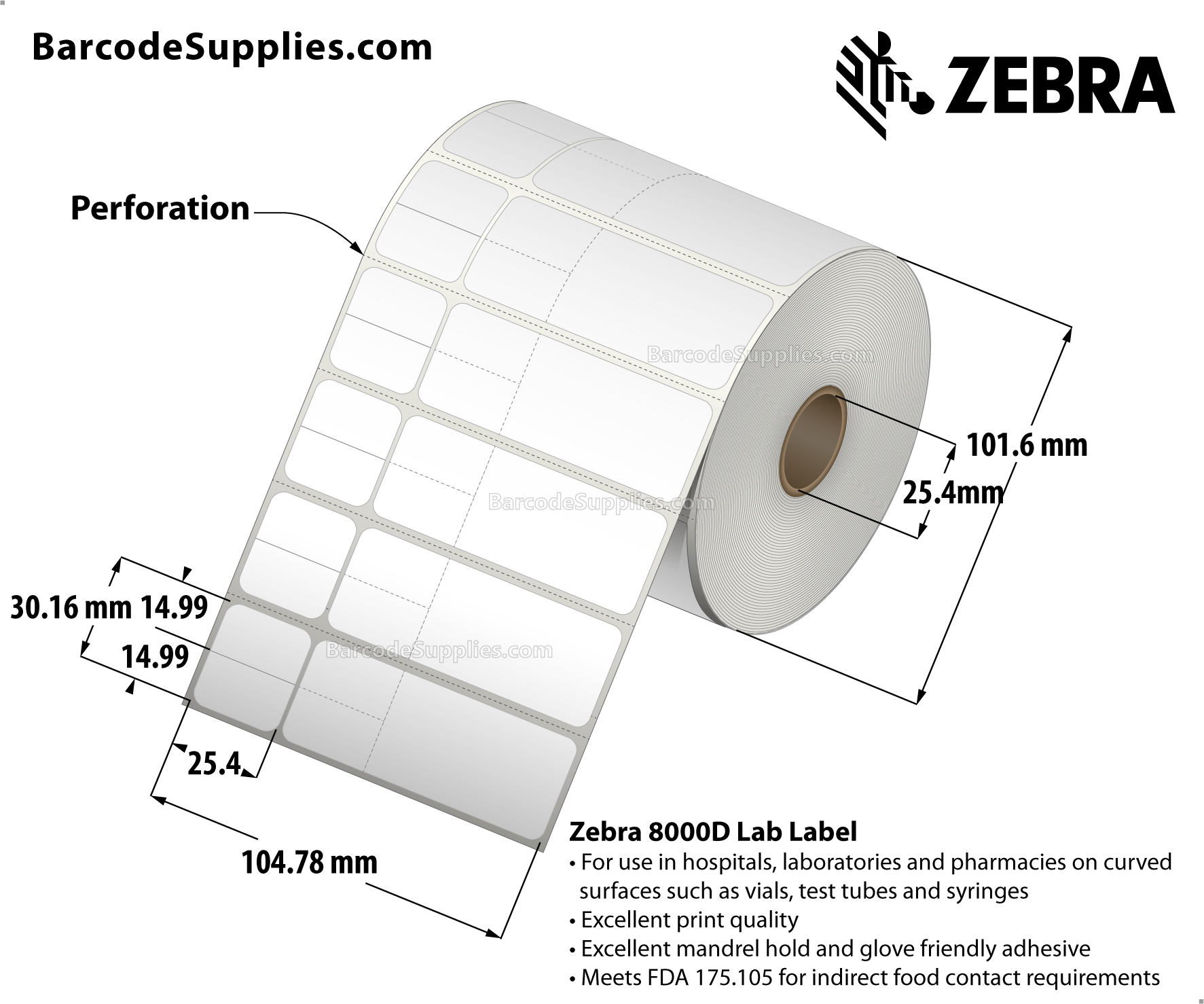 4.125 x 1.1875 Direct Thermal White 8000D Lab Labels With Permanent Adhesive - Die-cuts within label facestock create MISYS/Sunquest Laboratory Aliquot format. - Perforated - 2000 Labels Per Roll - Carton Of 4 Rolls - 8000 Labels Total - MPN: 10012148