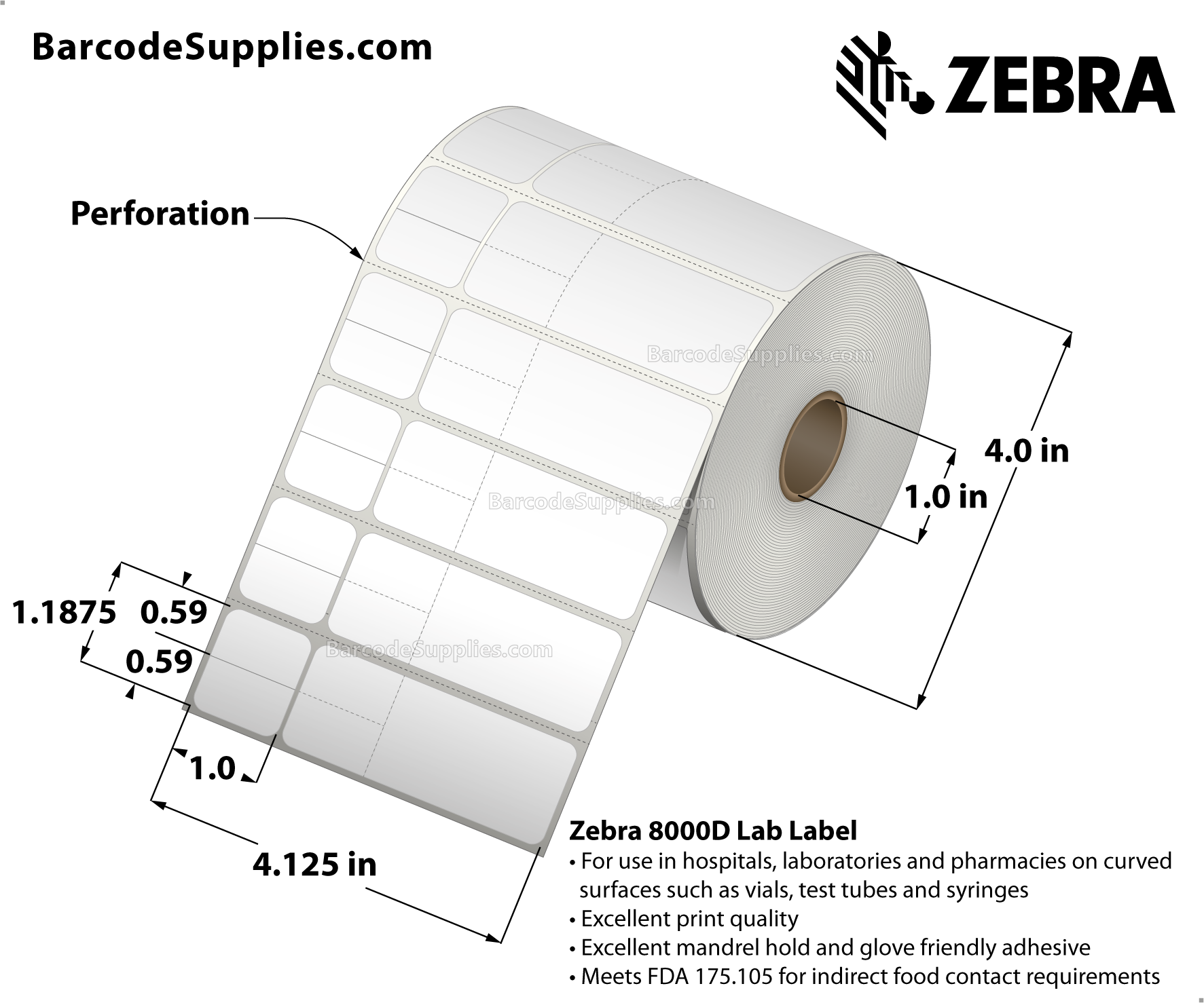 4.125 x 1.1875 Direct Thermal White 8000D Lab Labels With Permanent Adhesive - Die-cuts within label facestock create MISYS/Sunquest Laboratory Aliquot format. - Perforated - 2000 Labels Per Roll - Carton Of 4 Rolls - 8000 Labels Total - MPN: 10012148