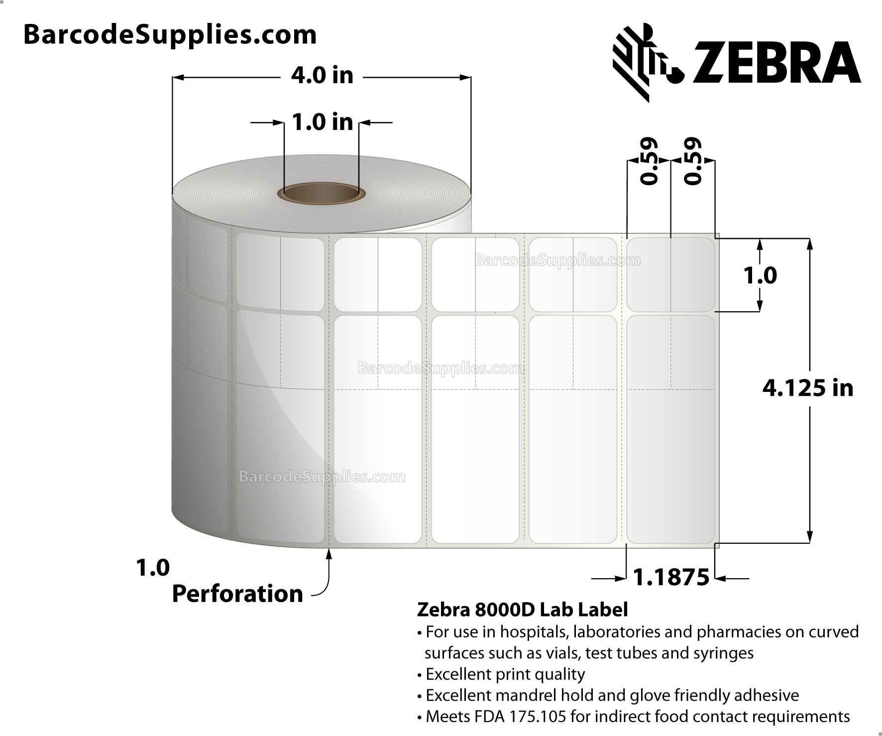 4.125 x 1.1875 Direct Thermal White 8000D Lab Labels With Permanent Adhesive - Die-cuts within label facestock create MISYS/Sunquest Laboratory Aliquot format. - Perforated - 2000 Labels Per Roll - Carton Of 4 Rolls - 8000 Labels Total - MPN: 10012148