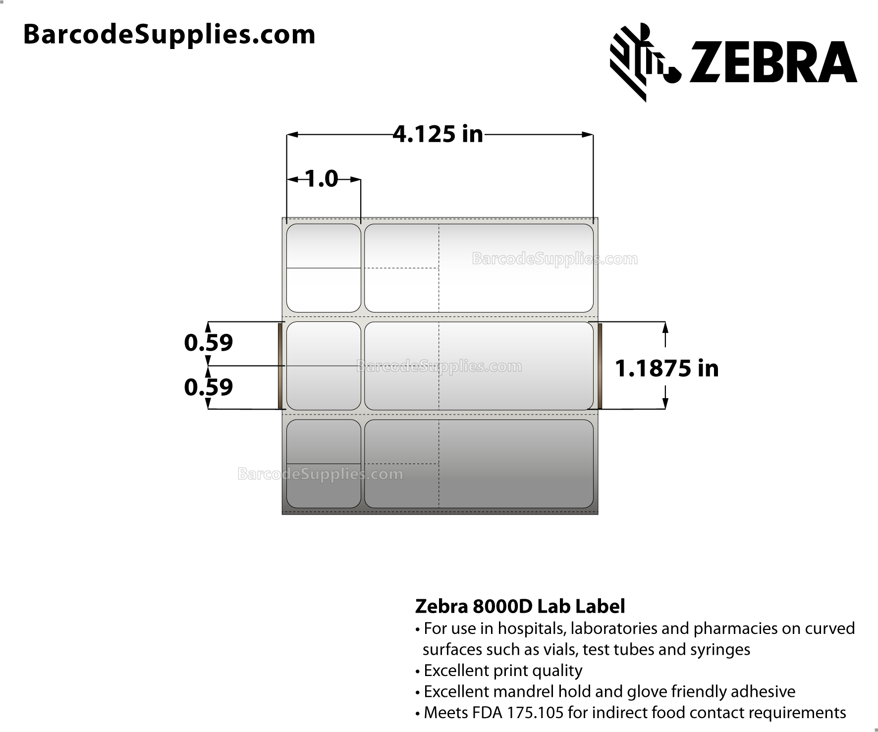 4.125 x 1.1875 Direct Thermal White 8000D Lab Labels With Permanent Adhesive - Die-cuts within label facestock create MISYS/Sunquest Laboratory Aliquot format. - Perforated - 2000 Labels Per Roll - Carton Of 4 Rolls - 8000 Labels Total - MPN: 10012148