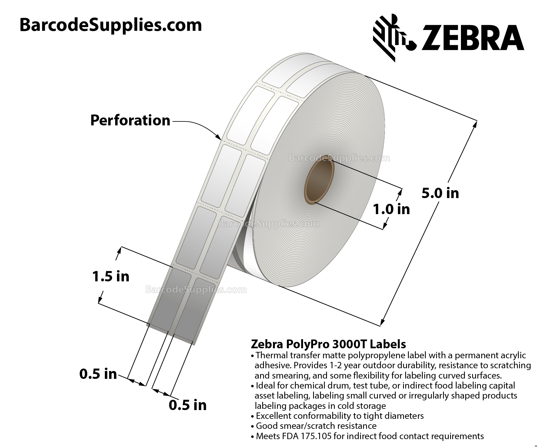 0.5 x 1.5 Thermal Transfer White PolyPro 3000T (2-Across) Labels With Permanent Adhesive - Perforated - 2000 Labels Per Roll - Carton Of 1 Rolls - 2000 Labels Total - MPN: 10023263
