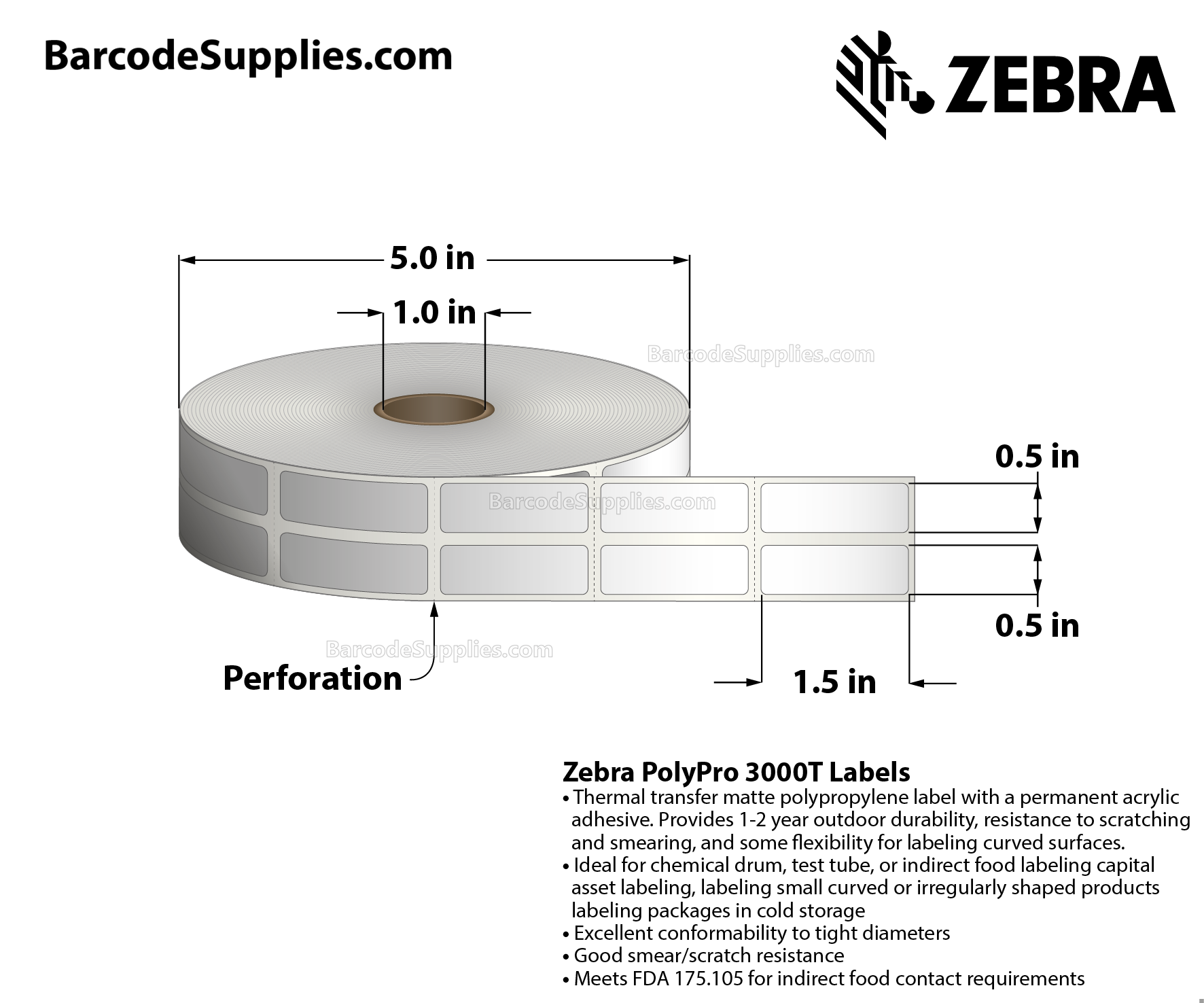 0.5 x 1.5 Thermal Transfer White PolyPro 3000T (2-Across) Labels With Permanent Adhesive - Perforated - 2000 Labels Per Roll - Carton Of 1 Rolls - 2000 Labels Total - MPN: 10023263