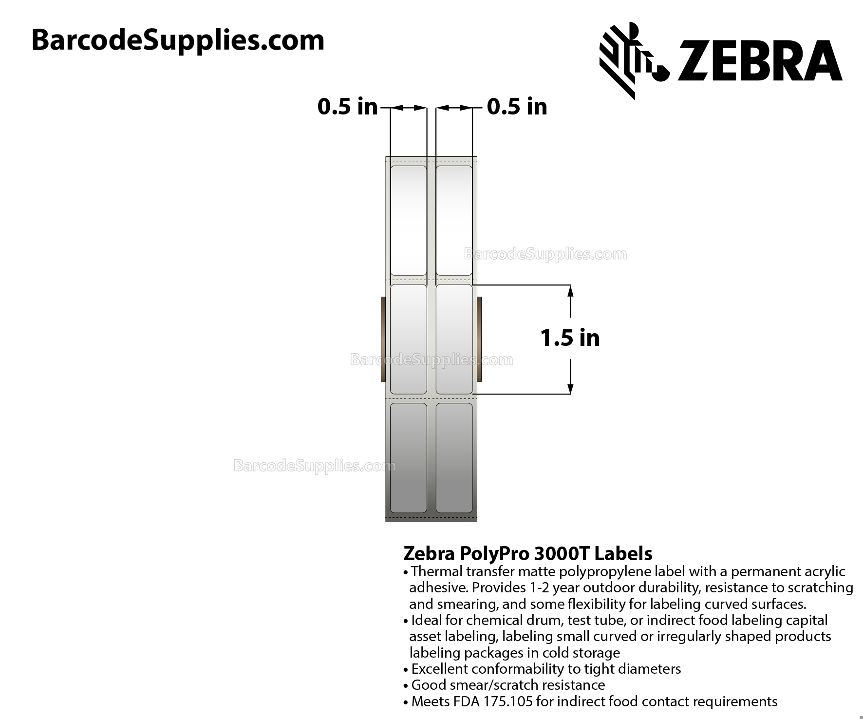 0.5 x 1.5 Thermal Transfer White PolyPro 3000T (2-Across) Labels With Permanent Adhesive - Perforated - 2000 Labels Per Roll - Carton Of 1 Rolls - 2000 Labels Total - MPN: 10023263