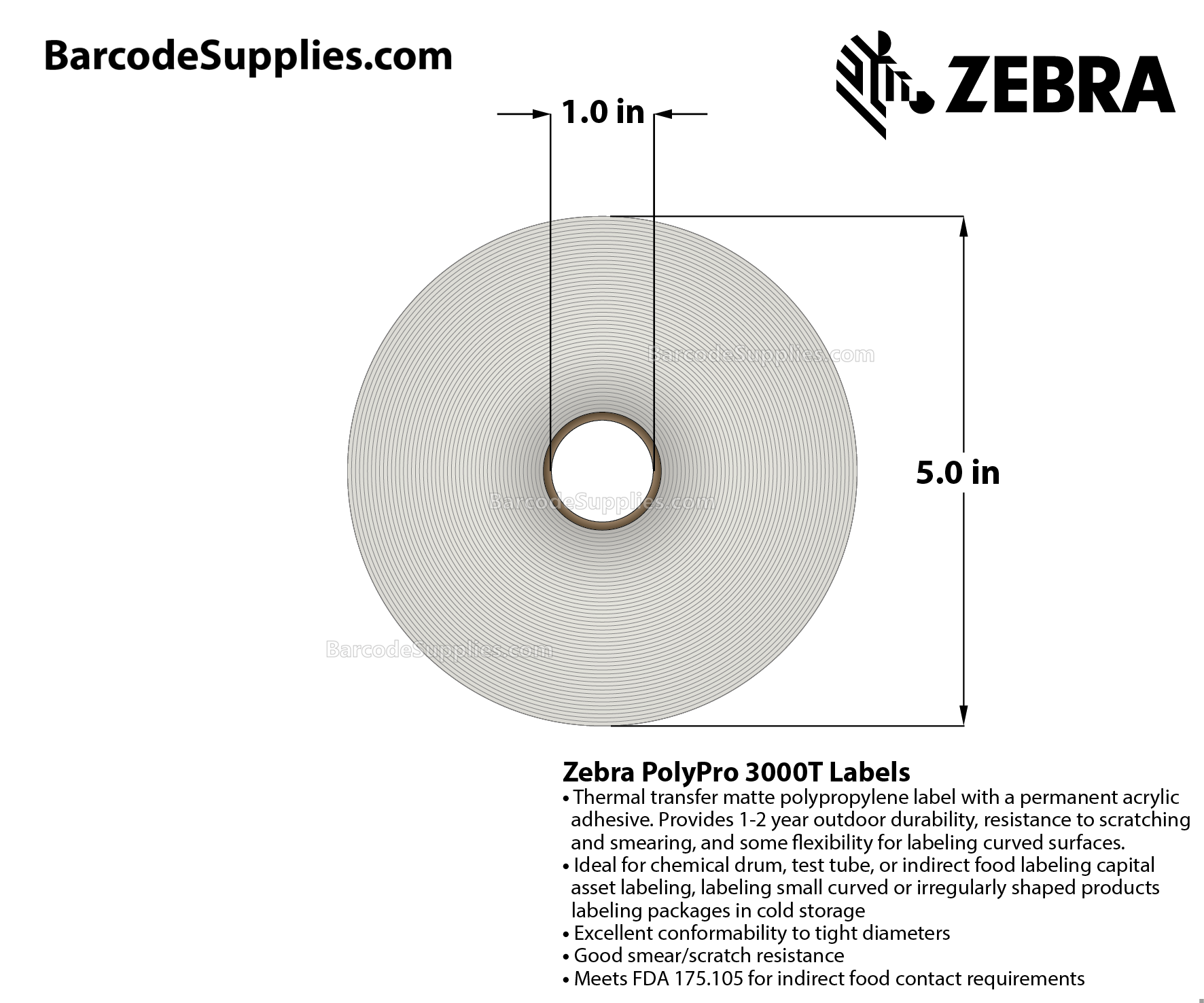 0.5 x 1.5 Thermal Transfer White PolyPro 3000T (2-Across) Labels With Permanent Adhesive - Perforated - 2000 Labels Per Roll - Carton Of 1 Rolls - 2000 Labels Total - MPN: 10023263