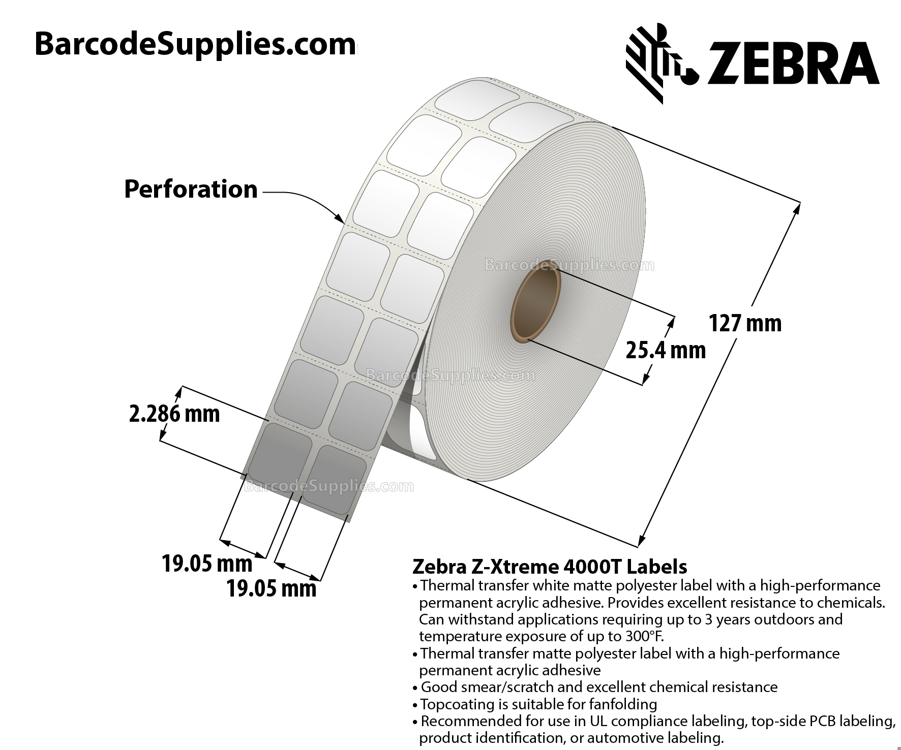 0.75 x 0.9 Thermal Transfer White Z-Xtreme 4000T White (2-Across) Labels With Permanent Adhesive - Black mark sensing - Perforated - 1500 Labels Per Roll - Carton Of 1 Rolls - 1500 Labels Total - MPN: 10023236