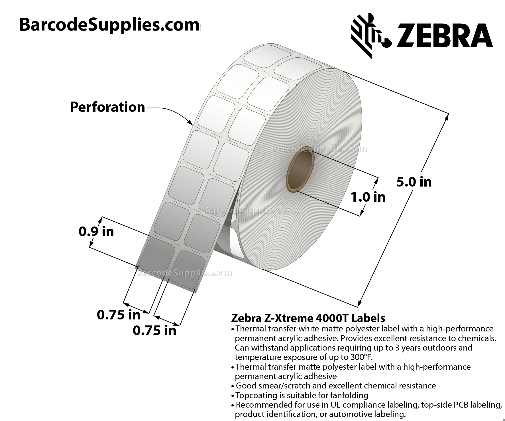 0.75 x 0.9 Thermal Transfer White Z-Xtreme 4000T White (2-Across) Labels With Permanent Adhesive - Black mark sensing - Perforated - 1500 Labels Per Roll - Carton Of 1 Rolls - 1500 Labels Total - MPN: 10023236