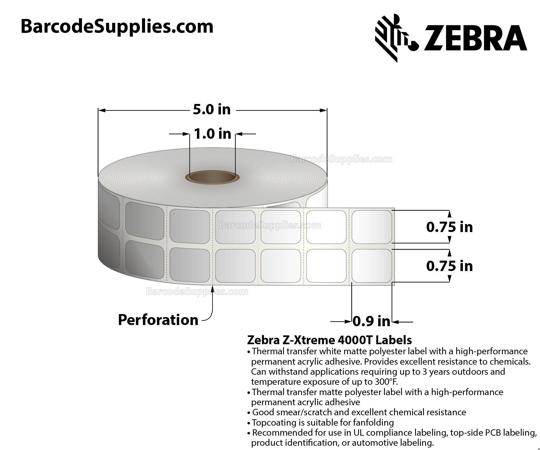 0.75 x 0.9 Thermal Transfer White Z-Xtreme 4000T White (2-Across) Labels With Permanent Adhesive - Black mark sensing - Perforated - 1500 Labels Per Roll - Carton Of 1 Rolls - 1500 Labels Total - MPN: 10023236