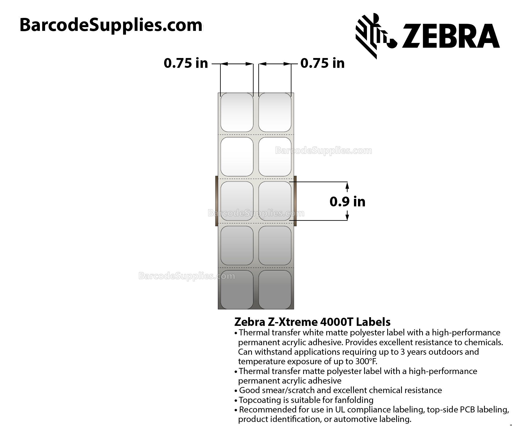 0.75 x 0.9 Thermal Transfer White Z-Xtreme 4000T White (2-Across) Labels With Permanent Adhesive - Black mark sensing - Perforated - 1500 Labels Per Roll - Carton Of 1 Rolls - 1500 Labels Total - MPN: 10023236
