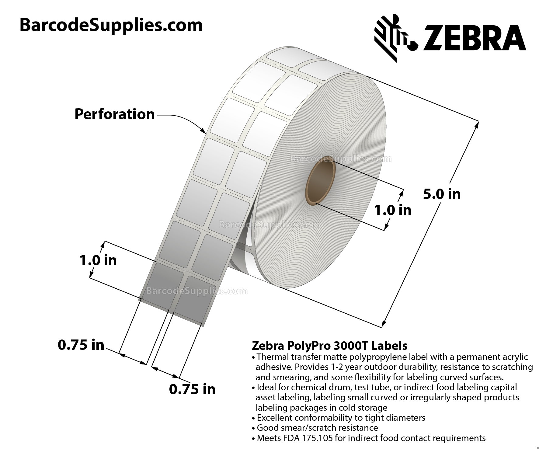 0.75 x 1 Thermal Transfer White PolyPro 3000T (2-Across) Labels With Permanent Adhesive - Perforated - 2000 Labels Per Roll - Carton Of 1 Rolls - 2000 Labels Total - MPN: 10023324