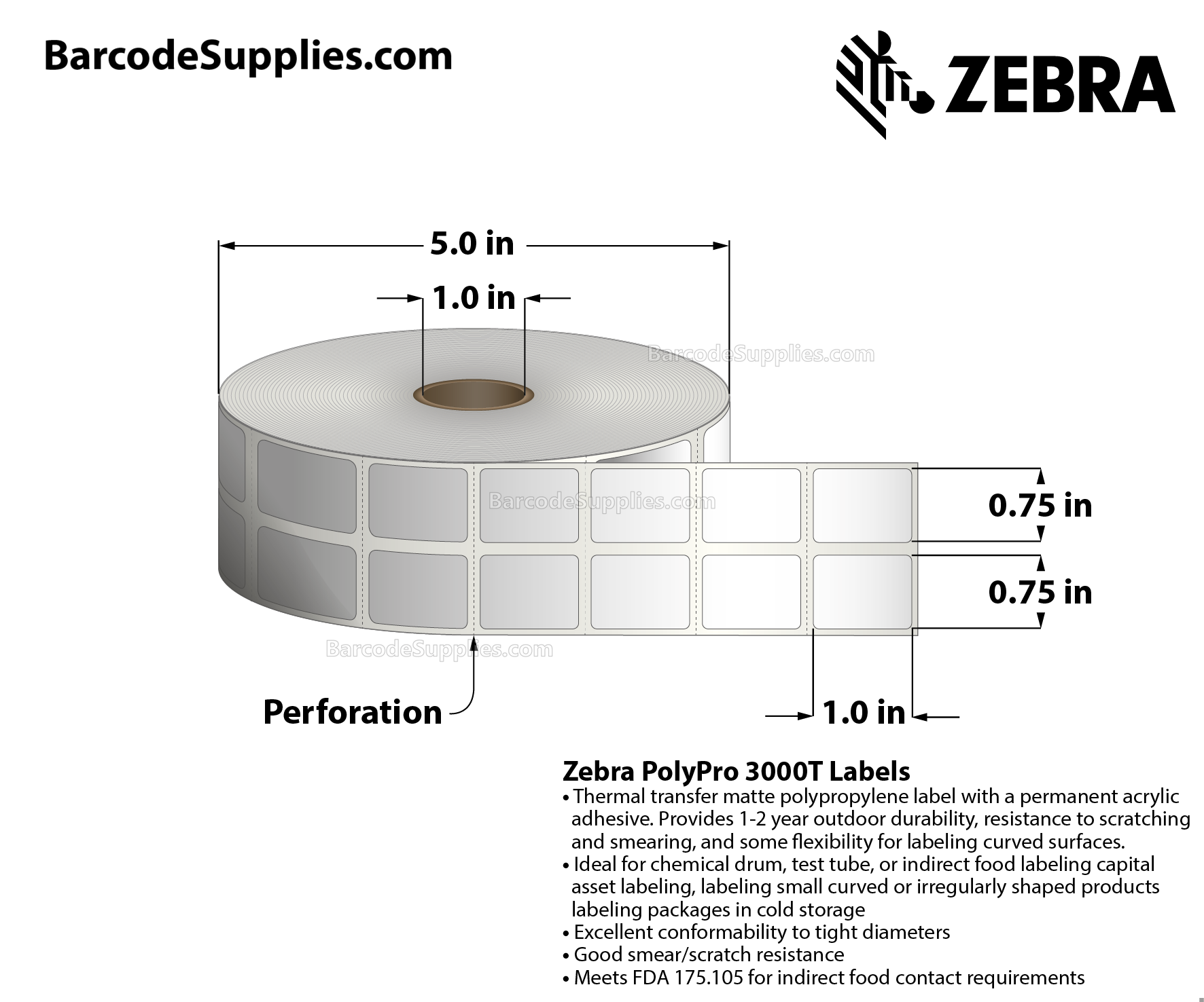 0.75 x 1 Thermal Transfer White PolyPro 3000T (2-Across) Labels With Permanent Adhesive - Perforated - 2000 Labels Per Roll - Carton Of 1 Rolls - 2000 Labels Total - MPN: 10023324