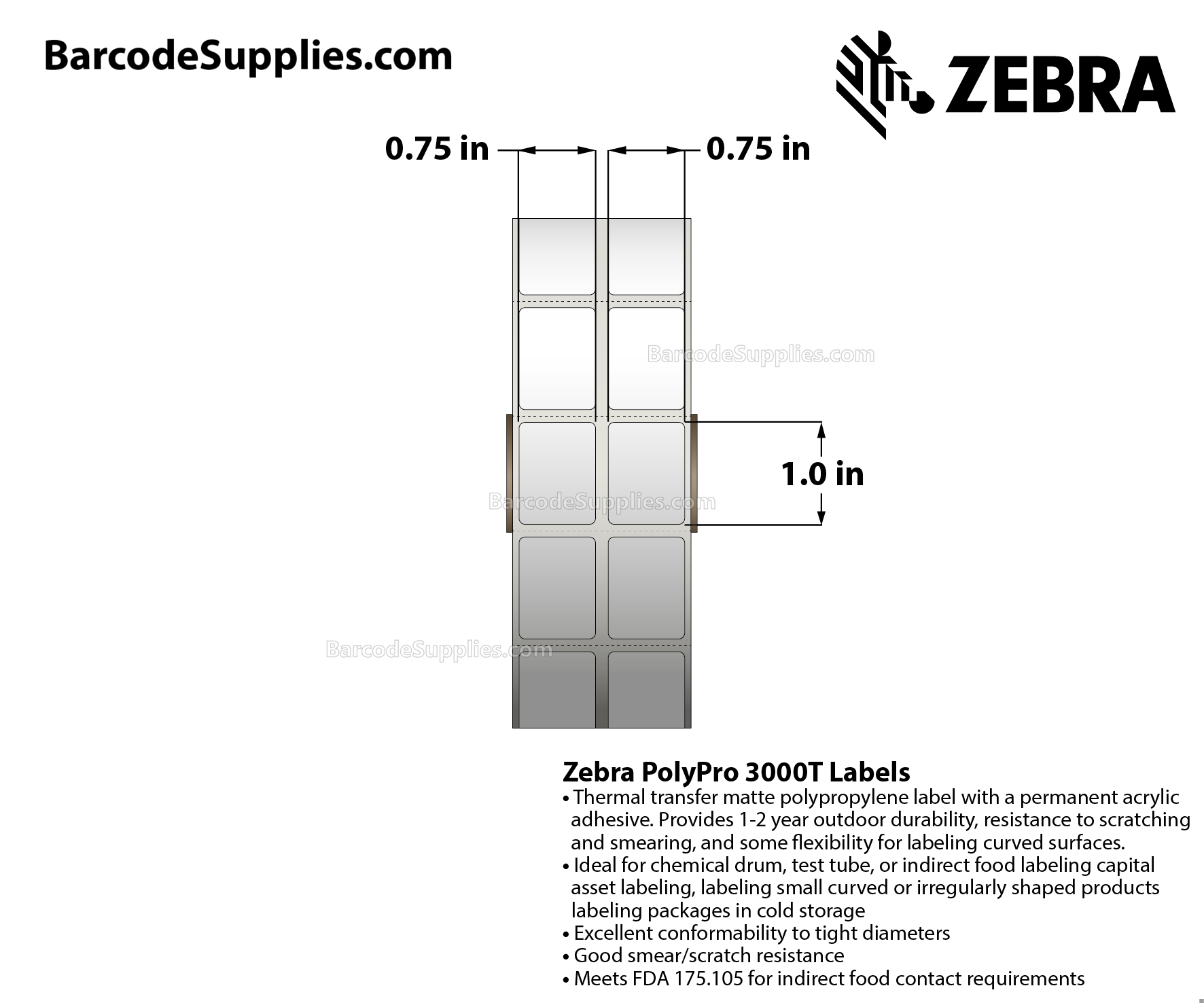 0.75 x 1 Thermal Transfer White PolyPro 3000T (2-Across) Labels With Permanent Adhesive - Perforated - 2000 Labels Per Roll - Carton Of 1 Rolls - 2000 Labels Total - MPN: 10023324