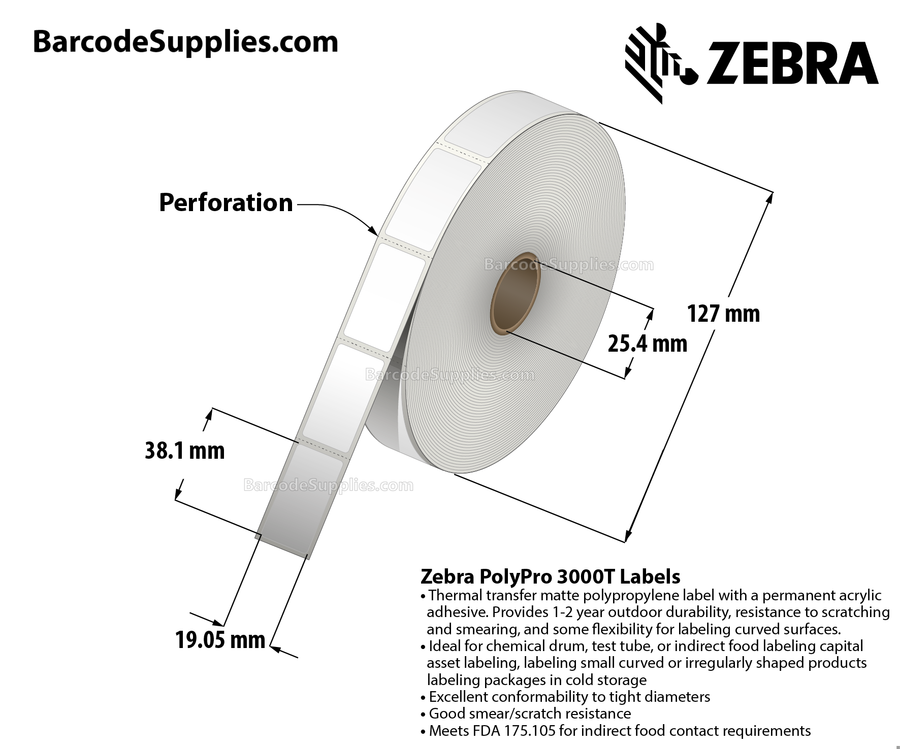 0.75 x 1.5 Thermal Transfer White PolyPro 3000T Labels With Permanent Adhesive - Perforated - 1450 Labels Per Roll - Carton Of 1 Rolls - 1450 Labels Total - MPN: 10023326