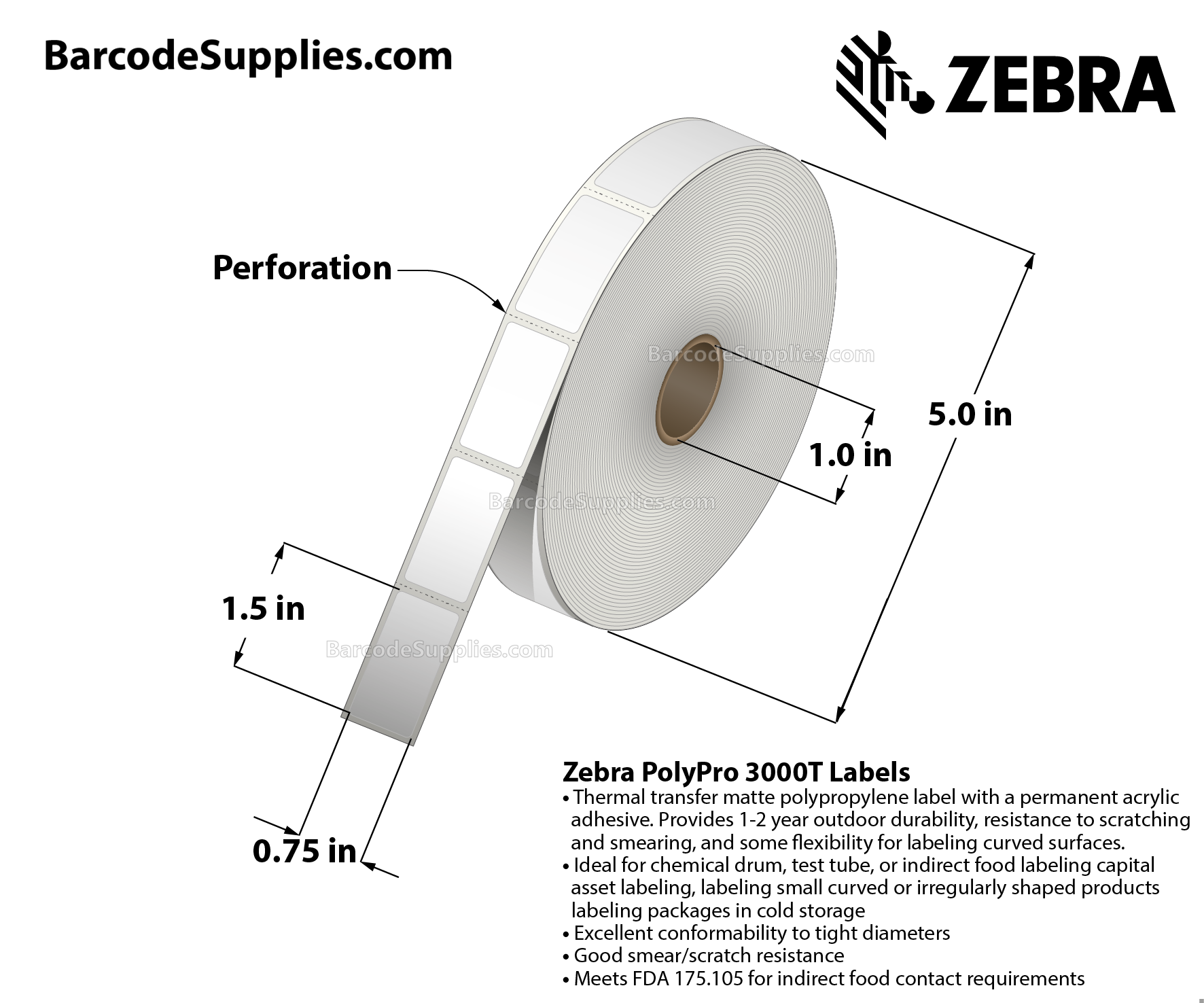 0.75 x 1.5 Thermal Transfer White PolyPro 3000T Labels With Permanent Adhesive - Perforated - 1450 Labels Per Roll - Carton Of 1 Rolls - 1450 Labels Total - MPN: 10023326