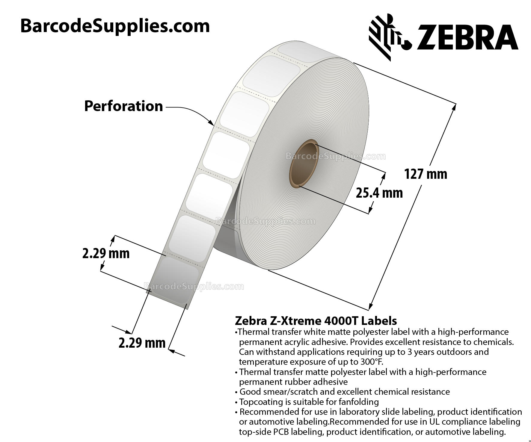 0.9 x 0.9 Thermal Transfer White Z-Xtreme 4000T White Labels With Permanent Adhesive - Perforated - 1000 Labels Per Roll - Carton Of 1 Rolls - 1000 Labels Total - MPN: 10023239