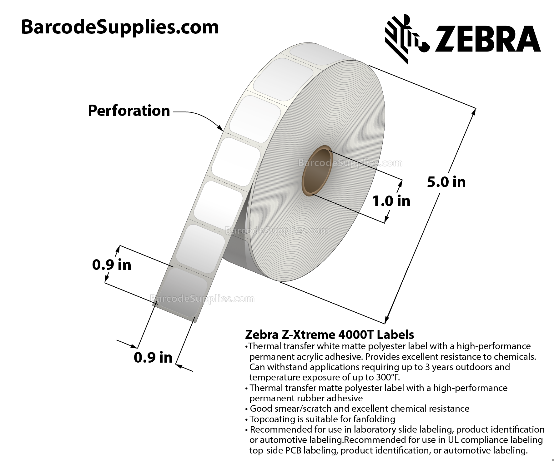 0.9 x 0.9 Thermal Transfer White Z-Xtreme 4000T White Labels With Permanent Adhesive - Perforated - 1000 Labels Per Roll - Carton Of 1 Rolls - 1000 Labels Total - MPN: 10023239