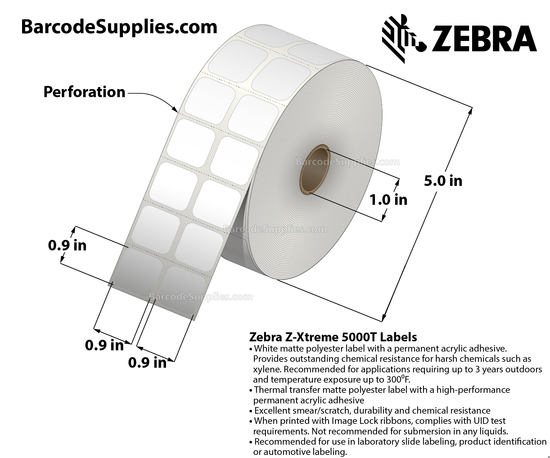 0.9 x 0.9 Thermal Transfer White Z-Xtreme 5000T (2-Across) Labels With Permanent Adhesive - Perforated - 1500 Labels Per Roll - Carton Of 1 Rolls - 1500 Labels Total - MPN: 10023250