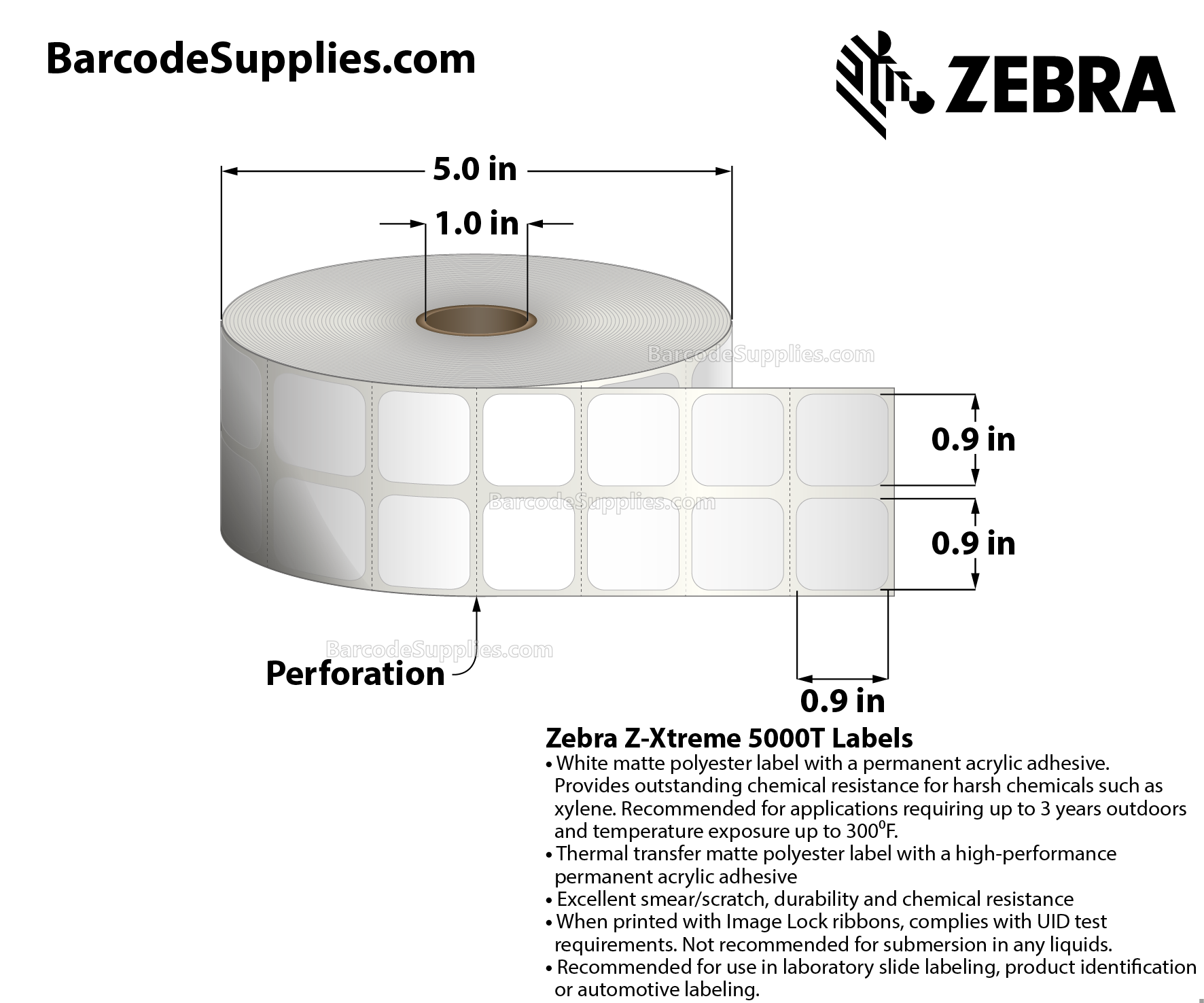 0.9 x 0.9 Thermal Transfer White Z-Xtreme 5000T (2-Across) Labels With Permanent Adhesive - Perforated - 1500 Labels Per Roll - Carton Of 1 Rolls - 1500 Labels Total - MPN: 10023250