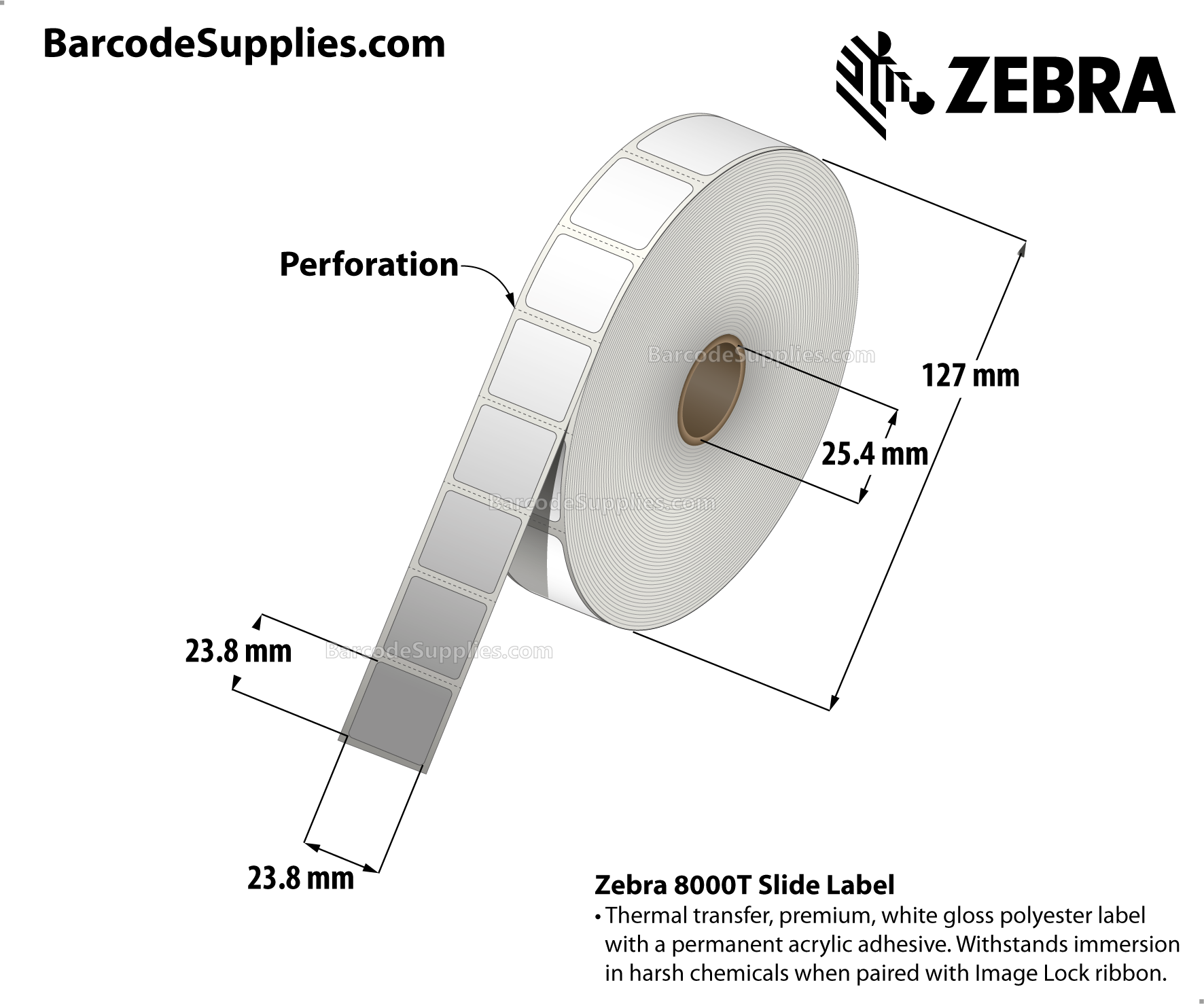 0.9375 x 0.9375 Thermal Transfer White 8000T Slide Labels With Permanent Adhesive - Perforated - 2512 Labels Per Roll - Carton Of 4 Rolls - 10048 Labels Total - MPN: 10034219
