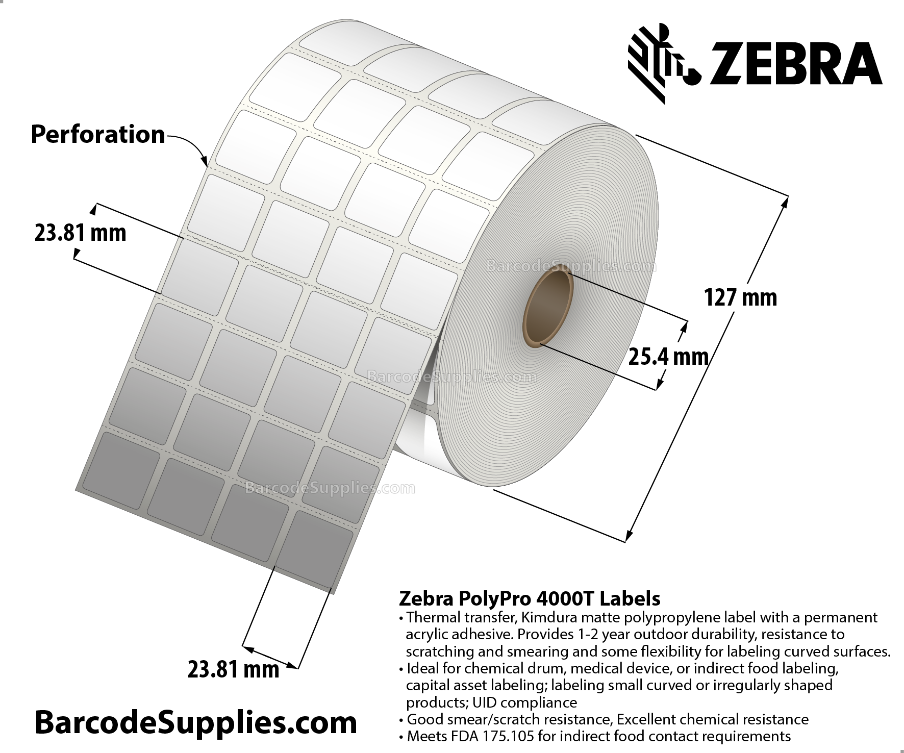 0.9375 x 0.9375 Thermal Transfer White PolyPro 4000T (4-Across) Labels With Permanent Adhesive - Perforated - 1900 Labels Per Roll - Carton Of 6 Rolls - 11400 Labels Total - MPN: 10007446