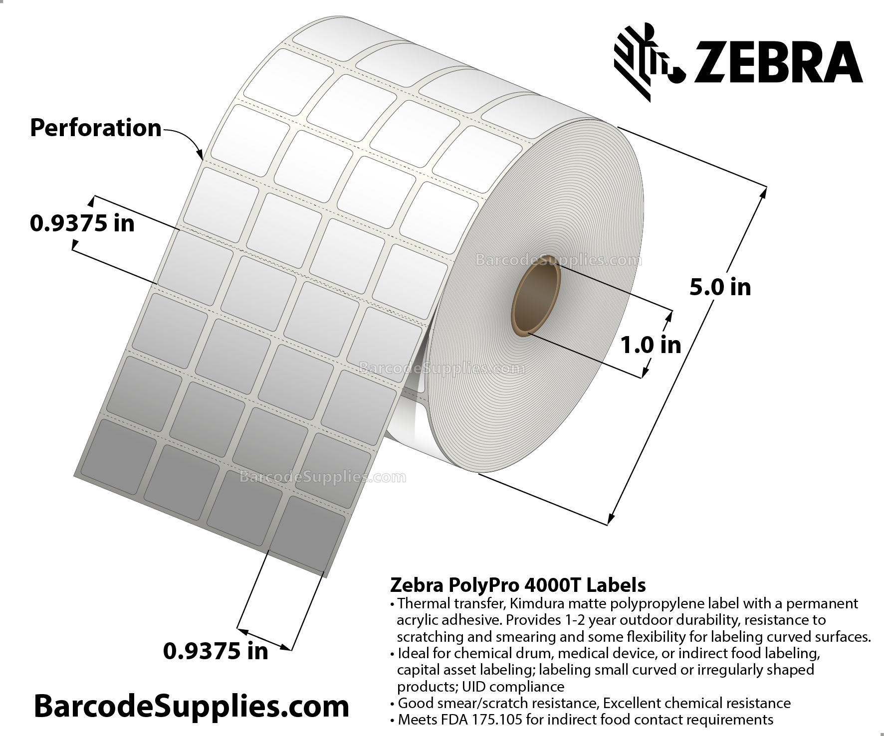 0.9375 x 0.9375 Thermal Transfer White PolyPro 4000T (4-Across) Labels With Permanent Adhesive - Perforated - 1900 Labels Per Roll - Carton Of 6 Rolls - 11400 Labels Total - MPN: 10007446