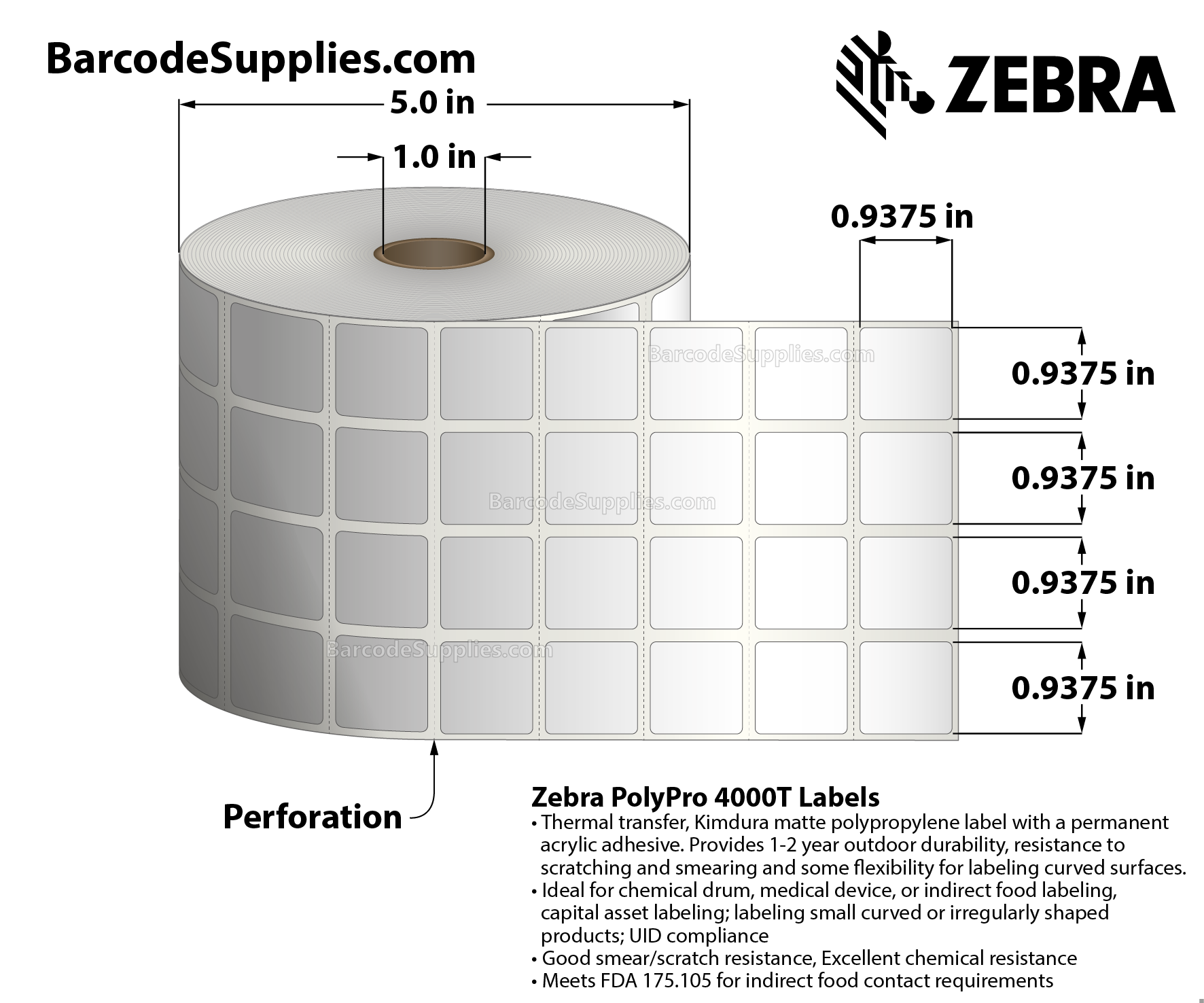 0.9375 x 0.9375 Thermal Transfer White PolyPro 4000T (4-Across) Labels With Permanent Adhesive - Perforated - 1900 Labels Per Roll - Carton Of 6 Rolls - 11400 Labels Total - MPN: 10007446