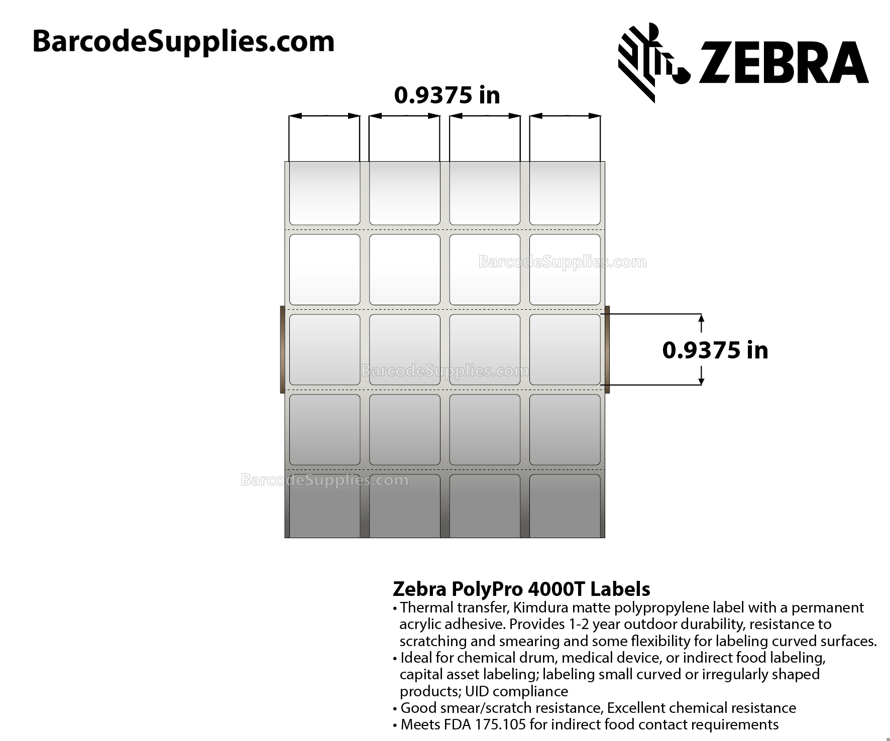 0.9375 x 0.9375 Thermal Transfer White PolyPro 4000T (4-Across) Labels With Permanent Adhesive - Perforated - 1900 Labels Per Roll - Carton Of 6 Rolls - 11400 Labels Total - MPN: 10007446