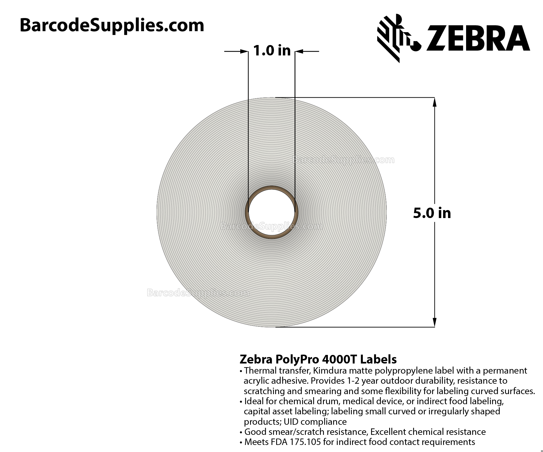 0.9375 x 0.9375 Thermal Transfer White PolyPro 4000T (4-Across) Labels With Permanent Adhesive - Perforated - 1900 Labels Per Roll - Carton Of 6 Rolls - 11400 Labels Total - MPN: 10007446