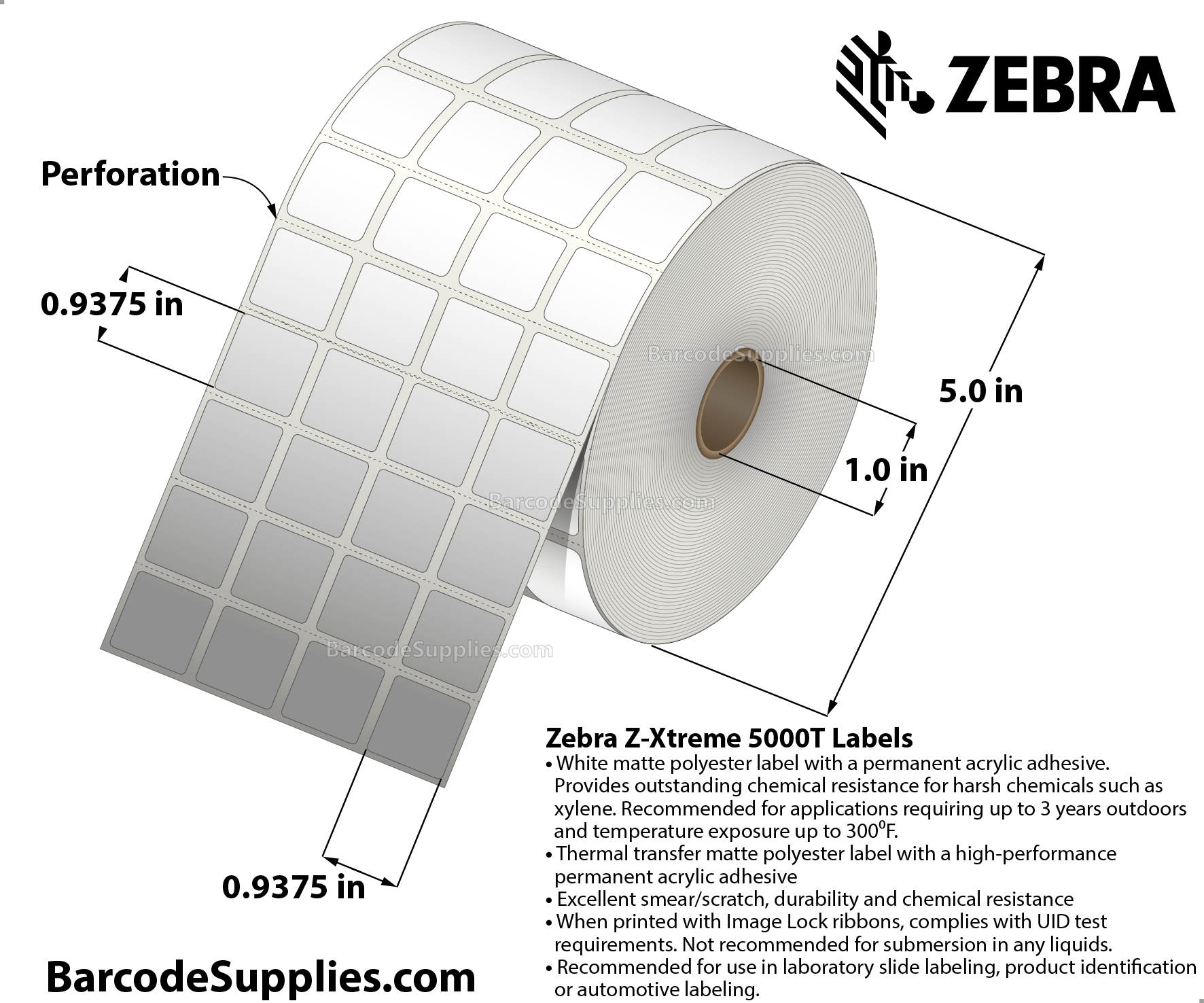 0.9375 x 0.9375 Thermal Transfer White Z-Xtreme 5000T (4-Across) Labels With Permanent Adhesive - Perforated - 8760 Labels Per Roll - Carton Of 4 Rolls - 35040 Labels Total - MPN: 10008404