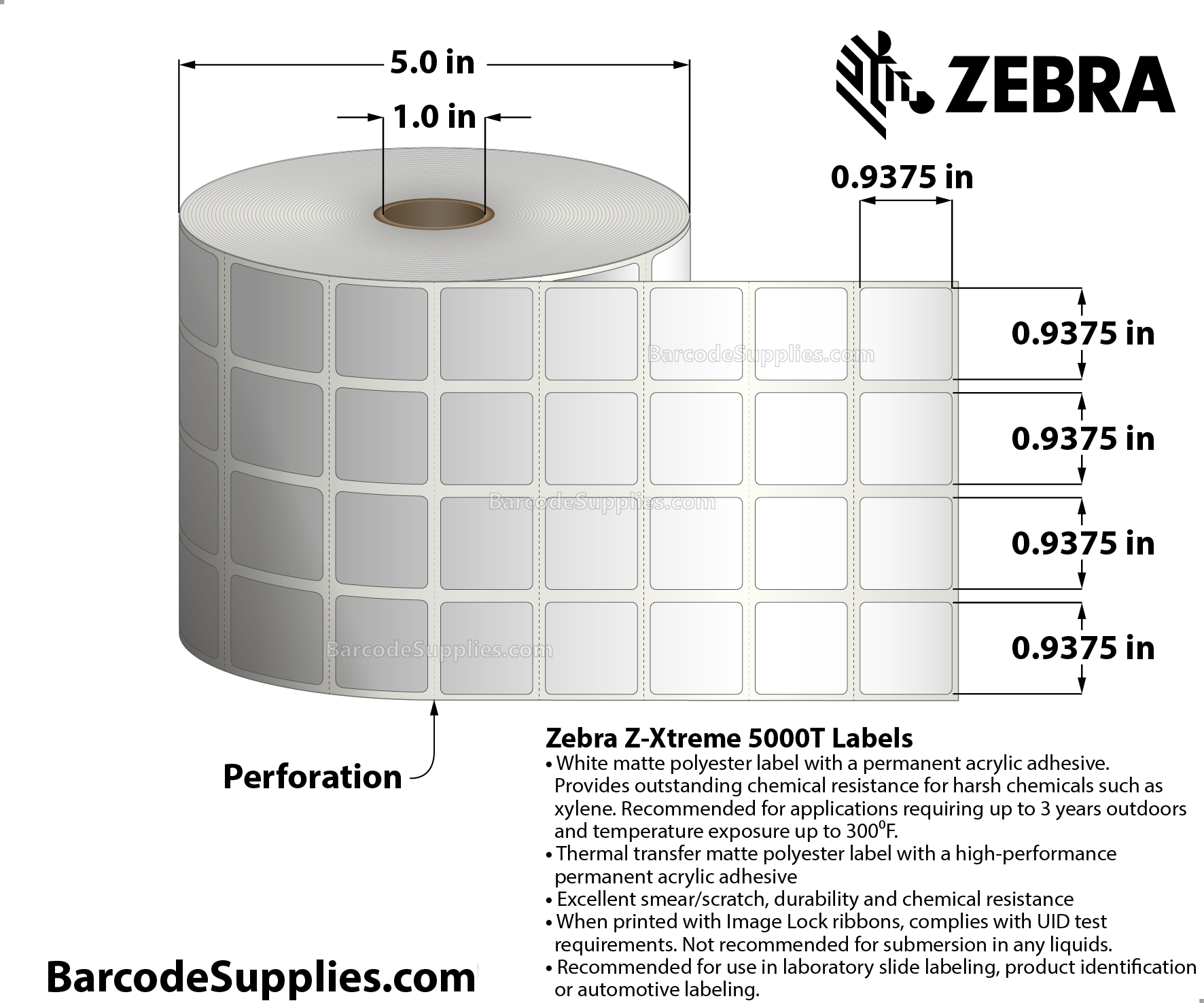 0.9375 x 0.9375 Thermal Transfer White Z-Xtreme 5000T (4-Across) Labels With Permanent Adhesive - Perforated - 8760 Labels Per Roll - Carton Of 4 Rolls - 35040 Labels Total - MPN: 10008404