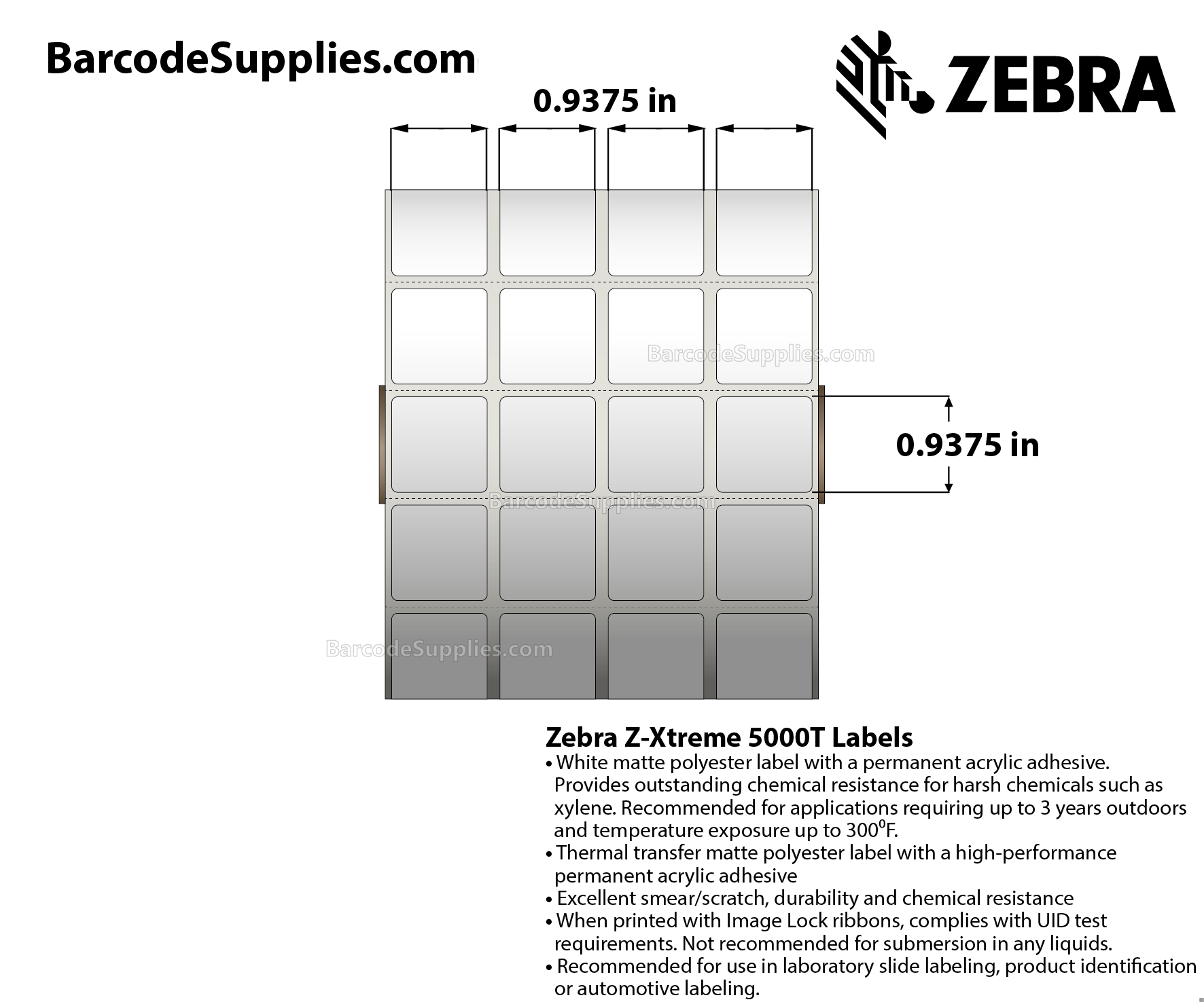 0.9375 x 0.9375 Thermal Transfer White Z-Xtreme 5000T (4-Across) Labels With Permanent Adhesive - Perforated - 8760 Labels Per Roll - Carton Of 4 Rolls - 35040 Labels Total - MPN: 10008404