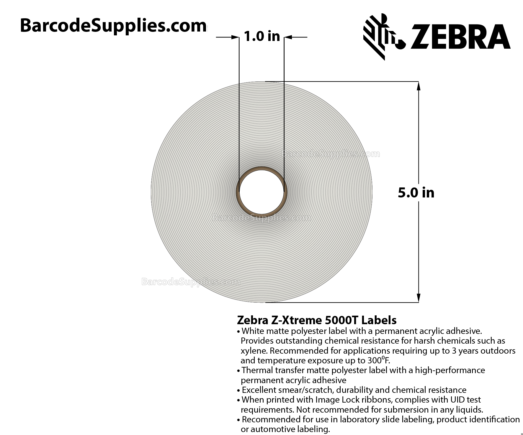 0.9375 x 0.9375 Thermal Transfer White Z-Xtreme 5000T (4-Across) Labels With Permanent Adhesive - Perforated - 8760 Labels Per Roll - Carton Of 4 Rolls - 35040 Labels Total - MPN: 10008404