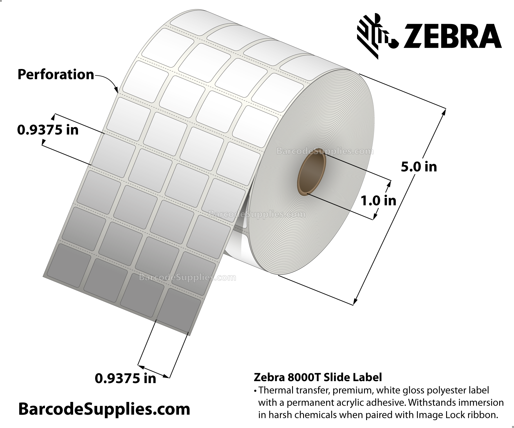 0.9375 x 0.9375 Thermal Transfer White 8000T Slide (4-Across) Labels With Permanent Adhesive - Perforated - 10048 Labels Per Roll - Carton Of 4 Rolls - 40192 Labels Total - MPN: 10034220
