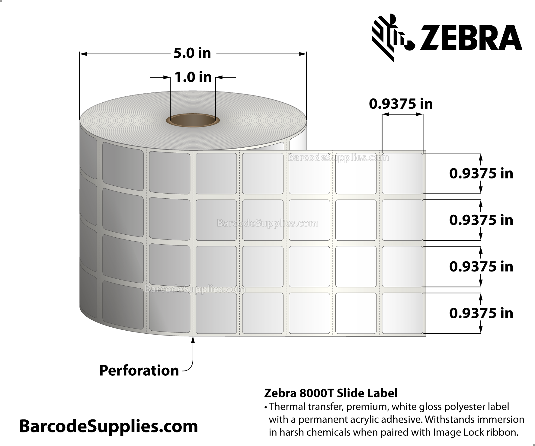 0.9375 x 0.9375 Thermal Transfer White 8000T Slide (4-Across) Labels With Permanent Adhesive - Perforated - 10048 Labels Per Roll - Carton Of 4 Rolls - 40192 Labels Total - MPN: 10034220