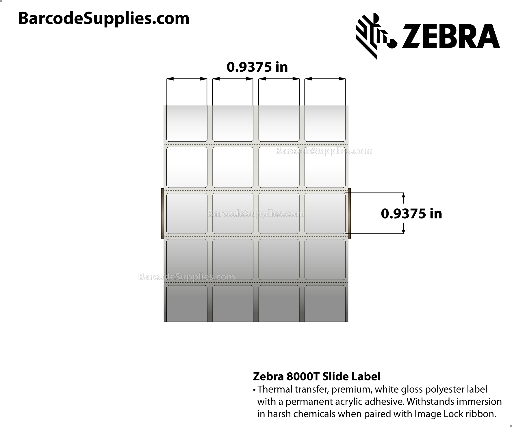 0.9375 x 0.9375 Thermal Transfer White 8000T Slide (4-Across) Labels With Permanent Adhesive - Perforated - 10048 Labels Per Roll - Carton Of 4 Rolls - 40192 Labels Total - MPN: 10034220