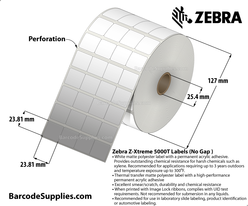 0.9375 x 0.9375 Thermal Transfer White Z-Xtreme 5000T (4-Across) Labels With Permanent Adhesive - No gap across (no gap between labels across). Cerner format. - Perforated - 8780 Labels Per Roll - Carton Of 4 Rolls - 35120 Labels Total - MPN: 10018356