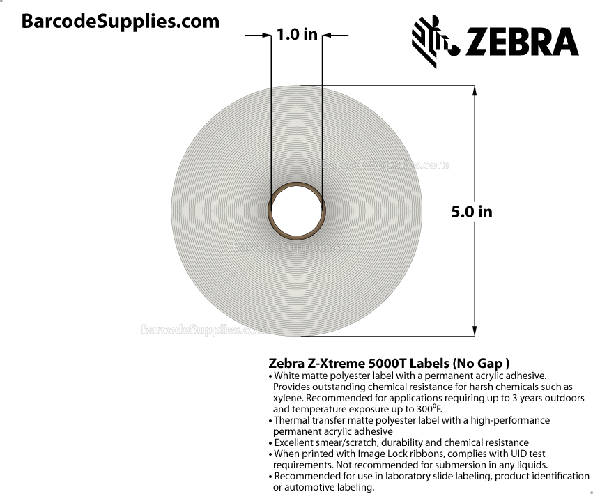 0.9375 x 0.9375 Thermal Transfer White Z-Xtreme 5000T (4-Across) Labels With Permanent Adhesive - No gap across (no gap between labels across). Cerner format. - Perforated - 8780 Labels Per Roll - Carton Of 4 Rolls - 35120 Labels Total - MPN: 10018356