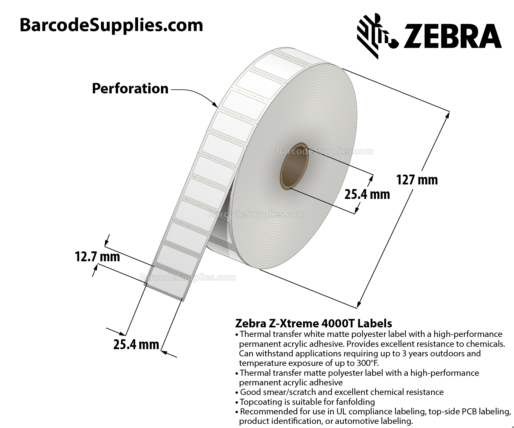 1 x 0.5 Thermal Transfer White Z-Xtreme 4000T White Labels With Permanent Adhesive - Perforated - 3000 Labels Per Roll - Carton Of 1 Rolls - 3000 Labels Total - MPN: 10023341