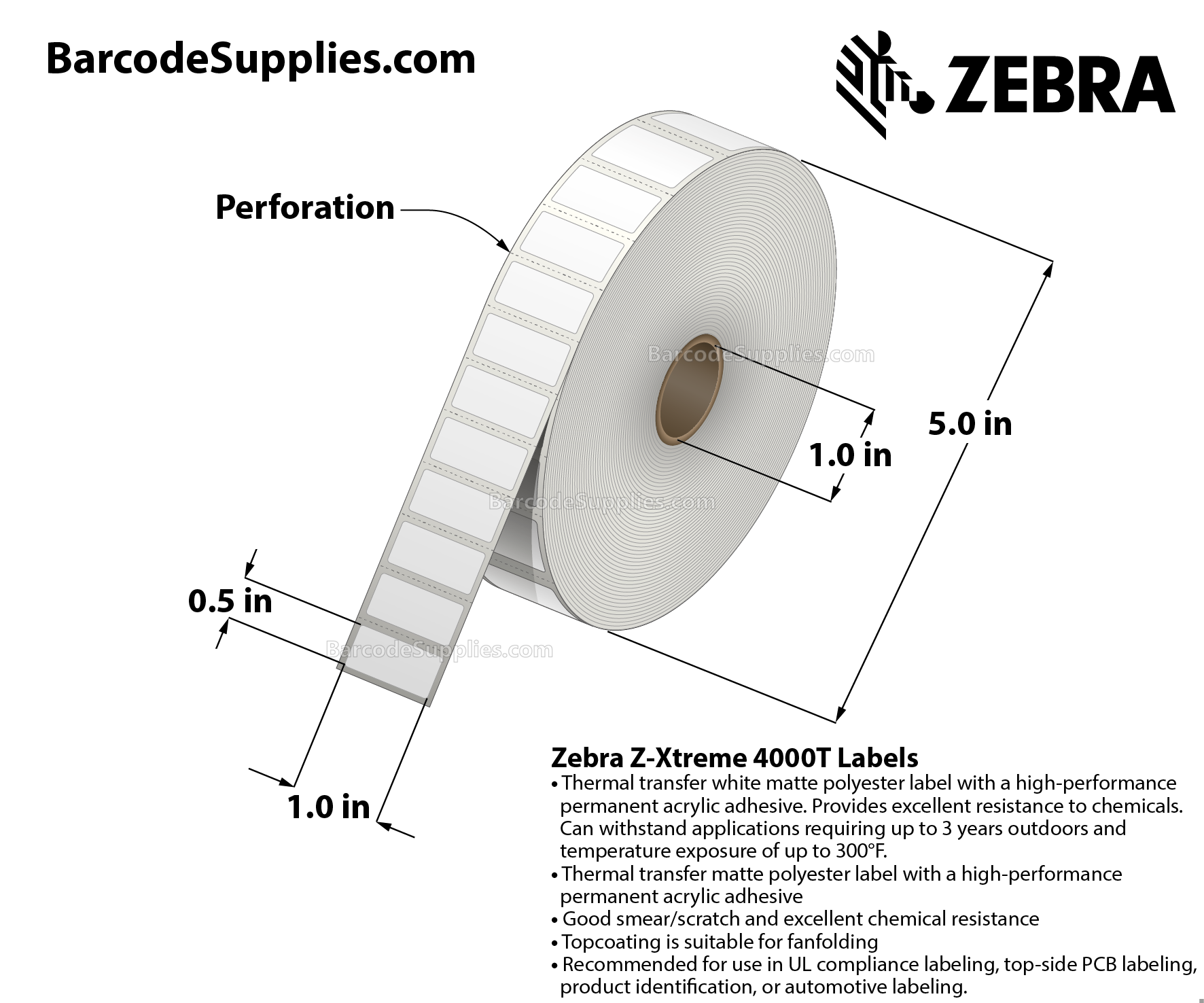 1 x 0.5 Thermal Transfer White Z-Xtreme 4000T White Labels With Permanent Adhesive - Perforated - 3000 Labels Per Roll - Carton Of 1 Rolls - 3000 Labels Total - MPN: 10023341
