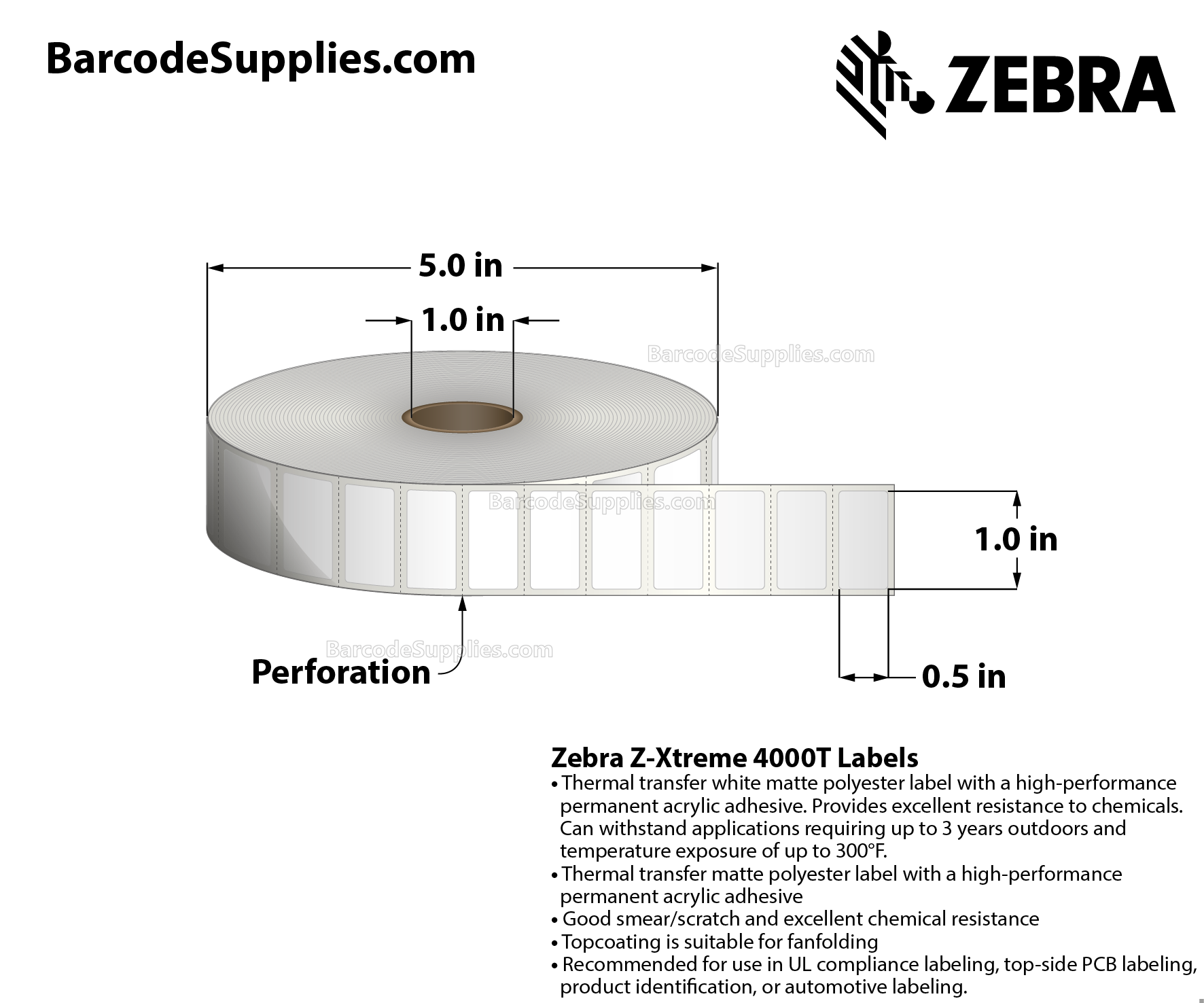 1 x 0.5 Thermal Transfer White Z-Xtreme 4000T White Labels With Permanent Adhesive - Perforated - 3000 Labels Per Roll - Carton Of 1 Rolls - 3000 Labels Total - MPN: 10023341