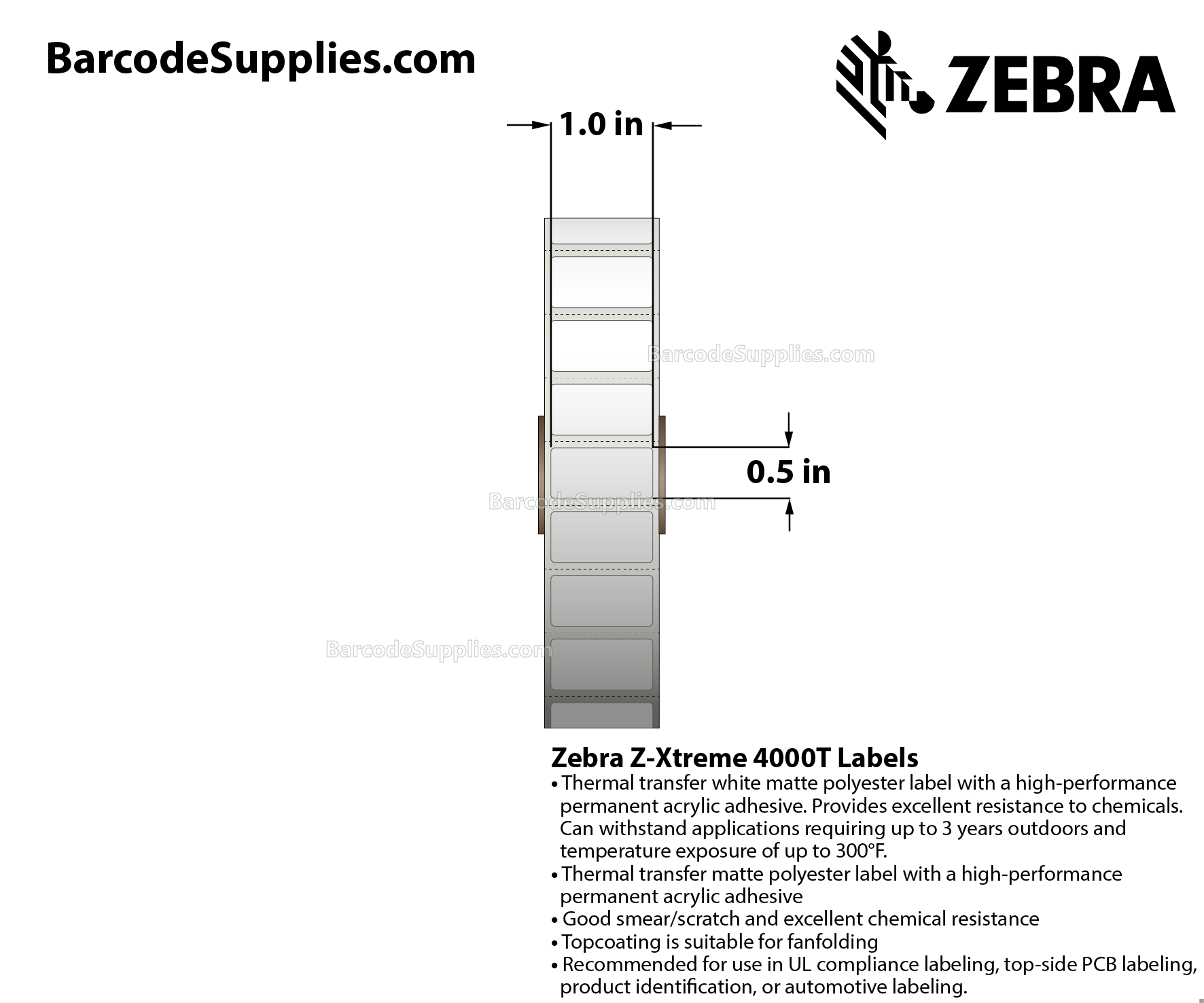 1 x 0.5 Thermal Transfer White Z-Xtreme 4000T White Labels With Permanent Adhesive - Perforated - 3000 Labels Per Roll - Carton Of 1 Rolls - 3000 Labels Total - MPN: 10023341