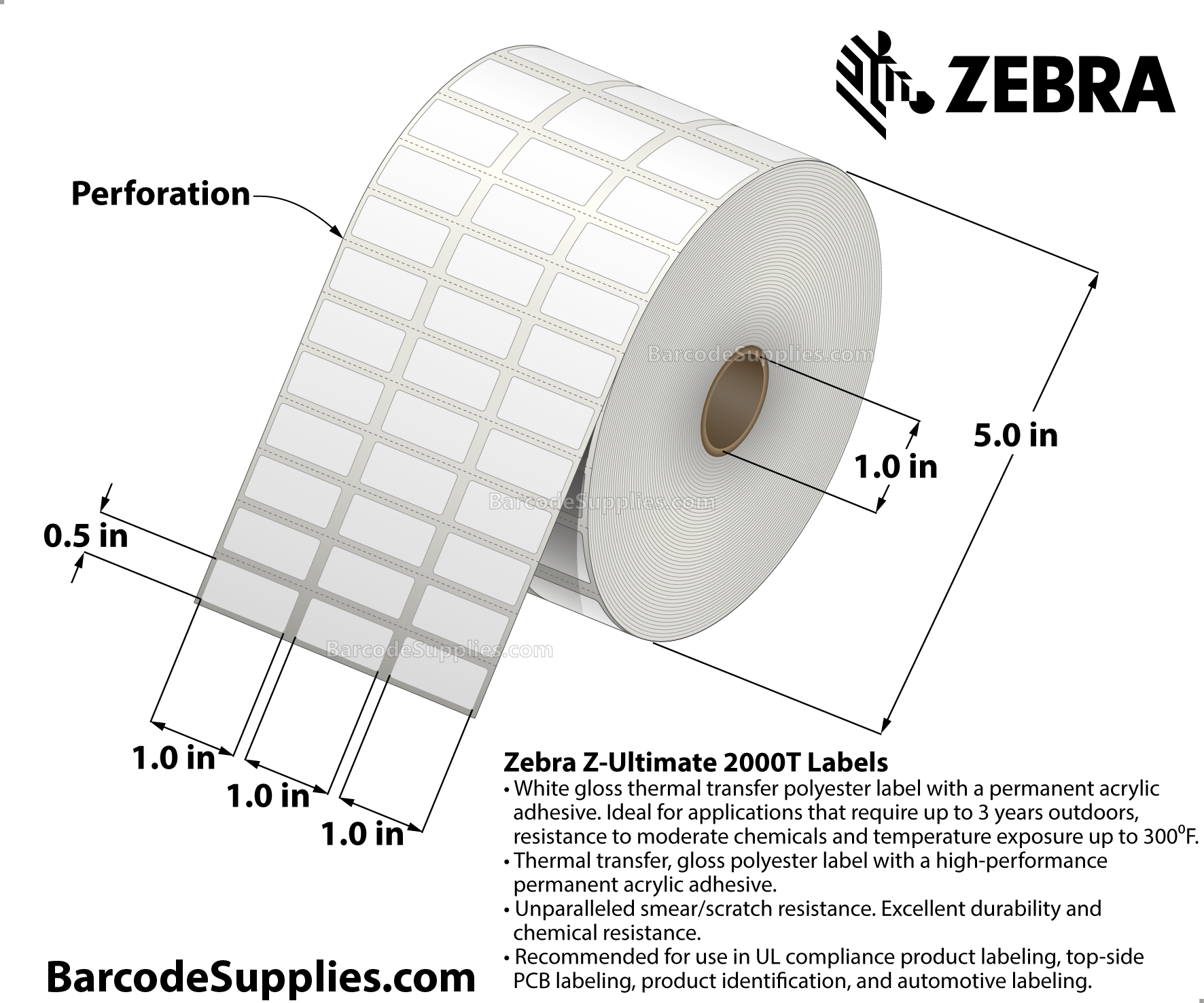 1 x 0.5 Thermal Transfer White Z-Ultimate 2000T (3-Across) Labels With Permanent Adhesive - Perforated - 5001 Labels Per Roll - Carton Of 1 Rolls - 5001 Labels Total - MPN: 10022982