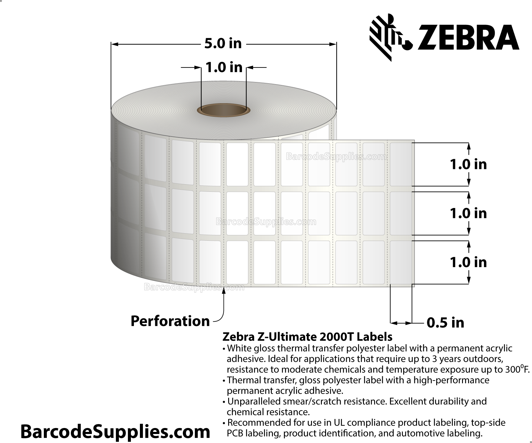 1 x 0.5 Thermal Transfer White Z-Ultimate 2000T (3-Across) Labels With Permanent Adhesive - Perforated - 5001 Labels Per Roll - Carton Of 1 Rolls - 5001 Labels Total - MPN: 10022982