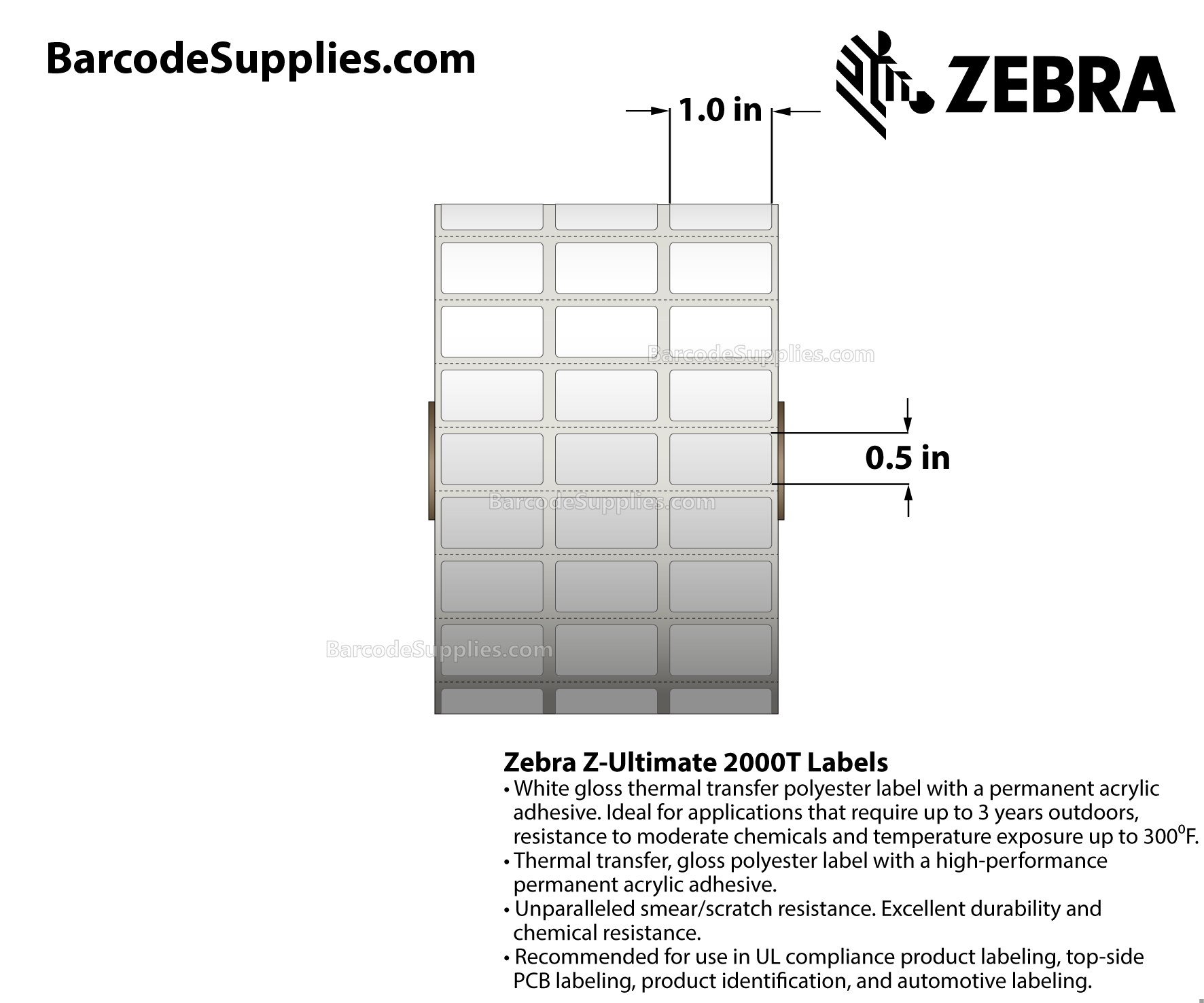 1 x 0.5 Thermal Transfer White Z-Ultimate 2000T (3-Across) Labels With Permanent Adhesive - Perforated - 5001 Labels Per Roll - Carton Of 1 Rolls - 5001 Labels Total - MPN: 10022982